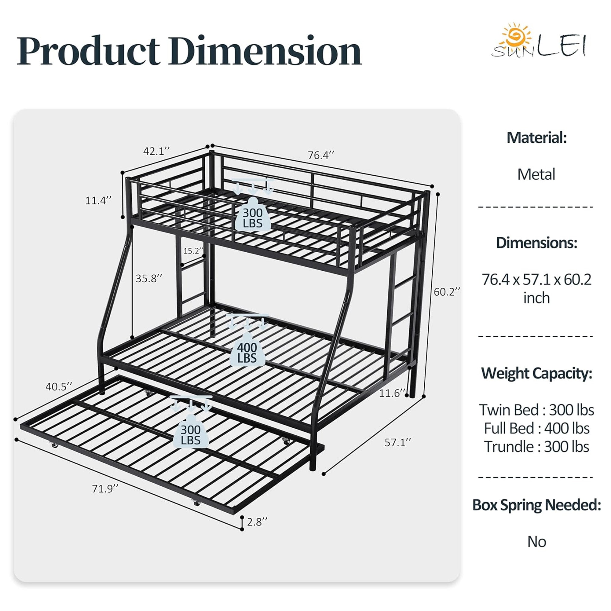SUNLEI Twin Over Full Bunk Bed w/Trundle, Metal Loft Bed Frame, Black (For Parts) - VMInnovations