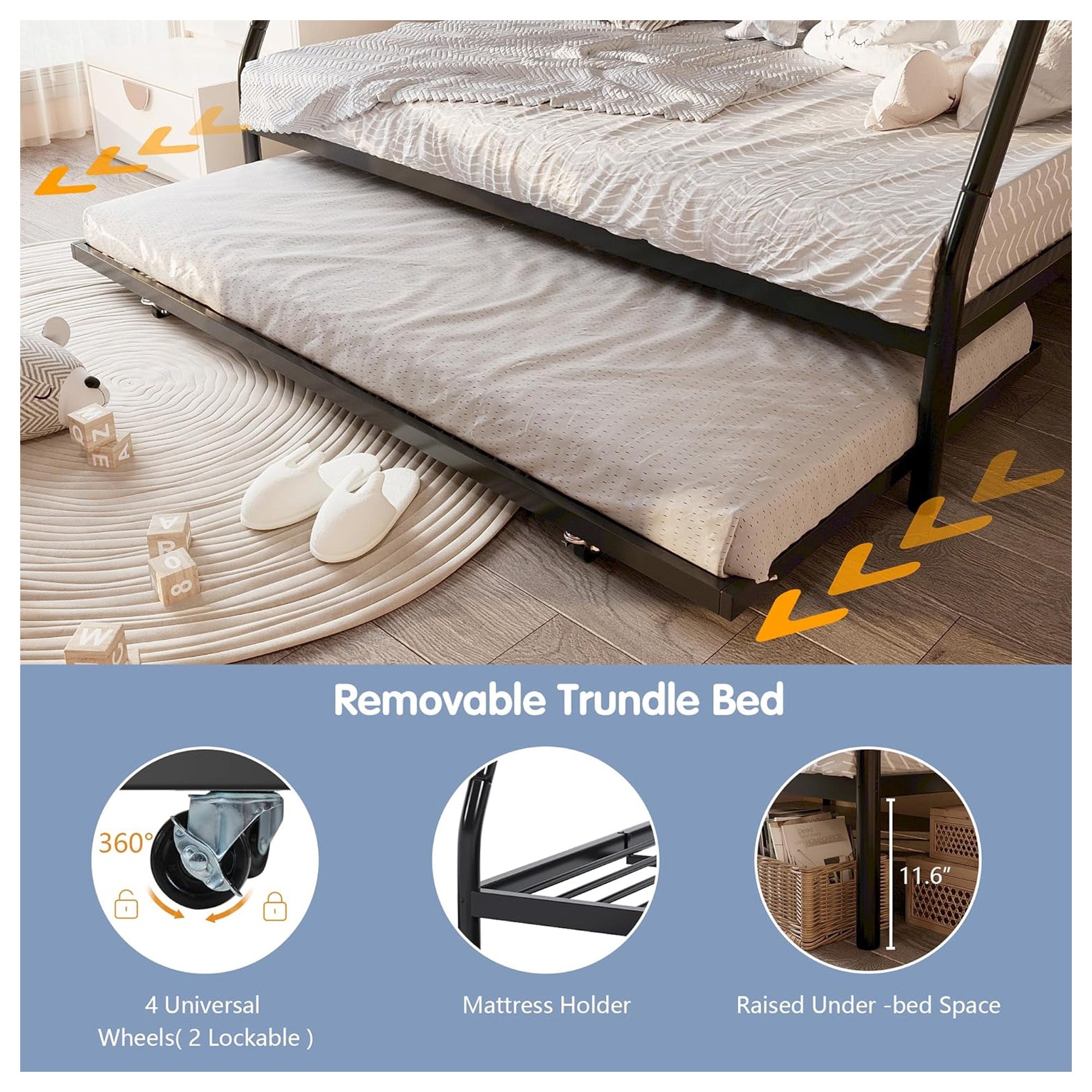 SUNLEI Twin Over Full Bunk Bed w/Trundle, Metal Loft Bed Frame, Black (For Parts) - VMInnovations
