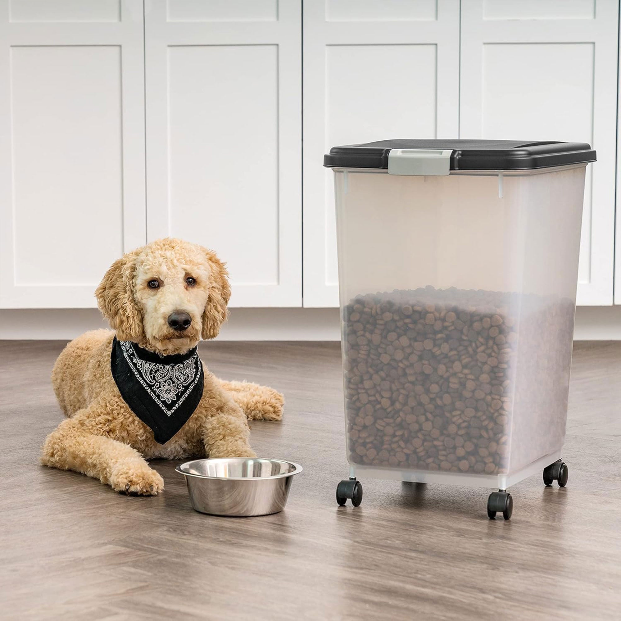 IRIS USA Pet Food Container, Airtight Bin w/Attachable Wheels, 54lbs (Open Box) - VMInnovations