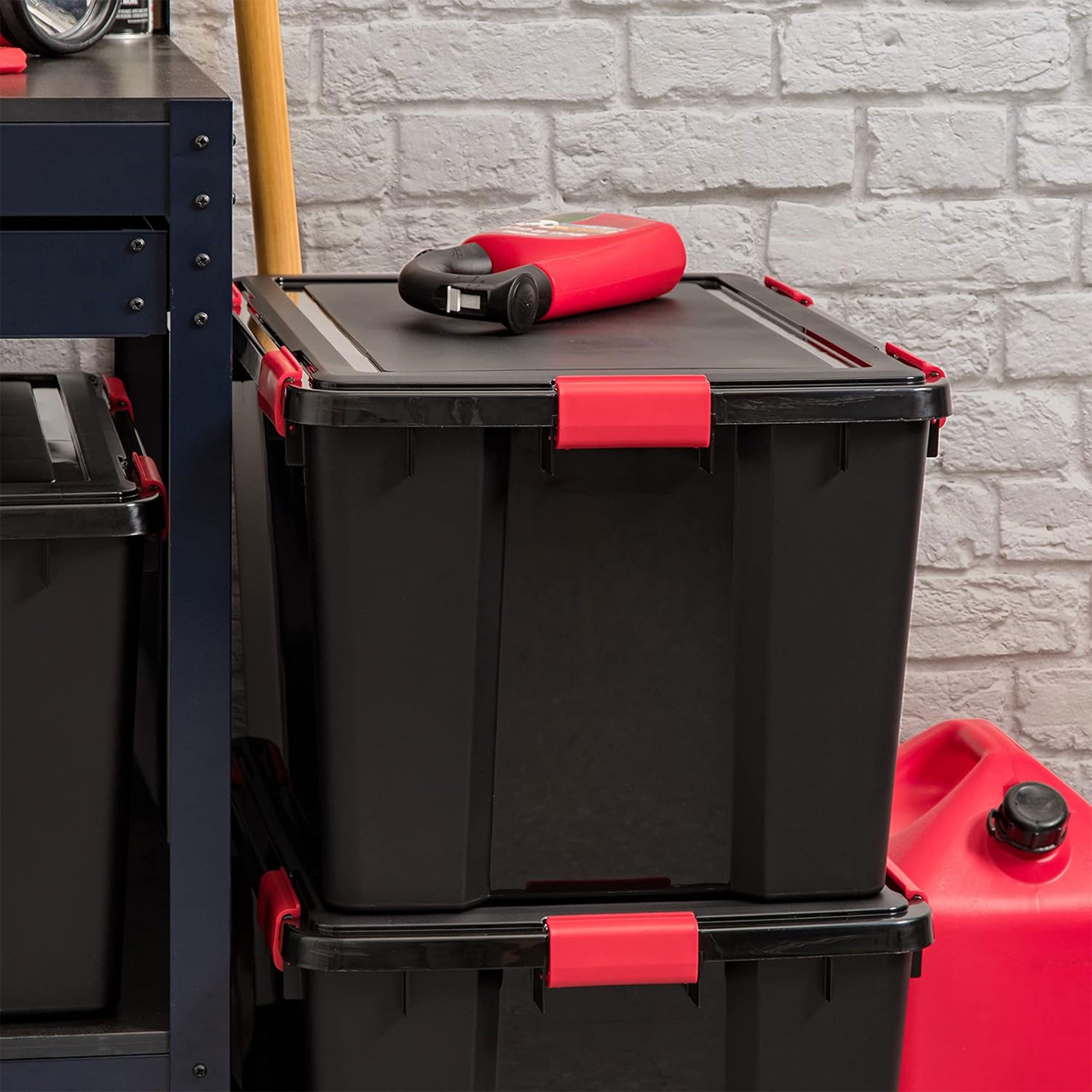 IRIS USA 6 Pack WeatherPro 74 Quart Stackable Storage Bins with Lids, Black/Red