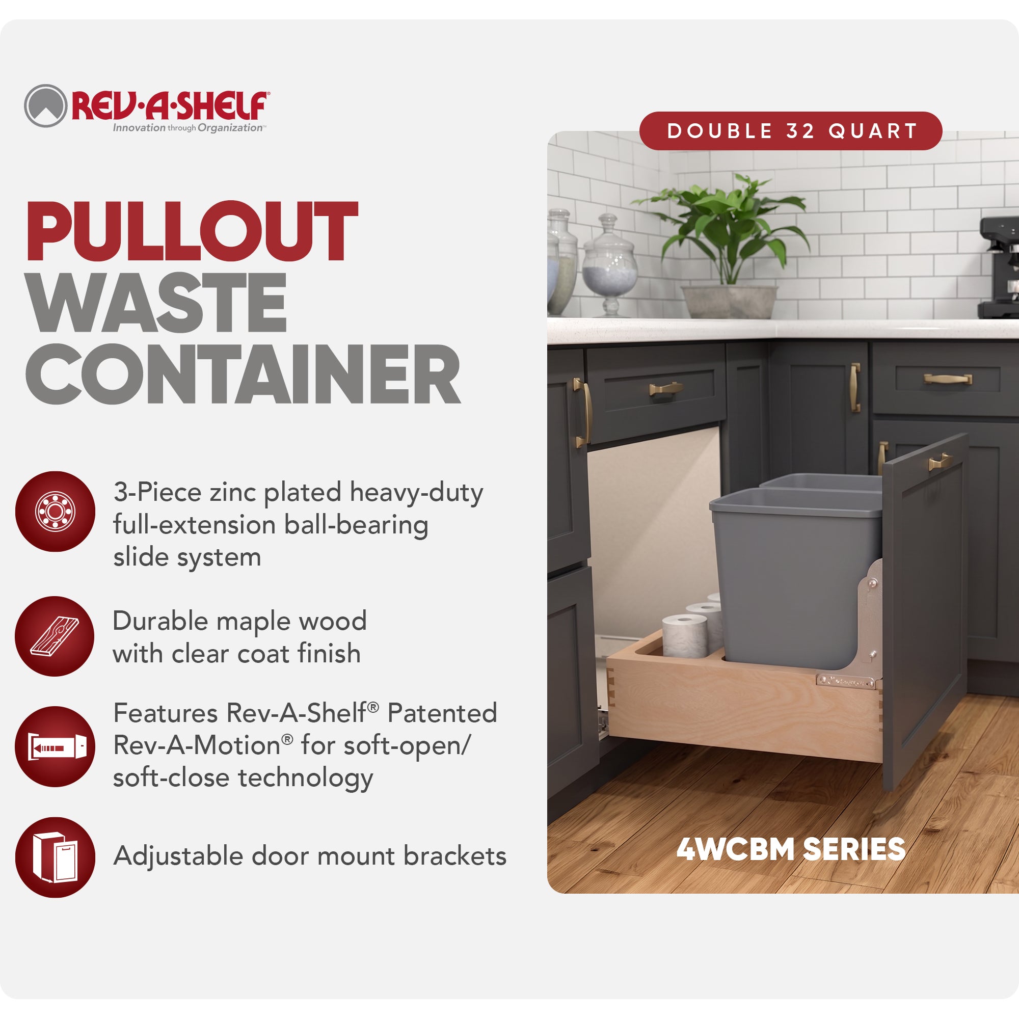 Rev-A-Shelf Wood Double Pullout Waste Container, Soft-Close, 32 qt, Silver - VMInnovations