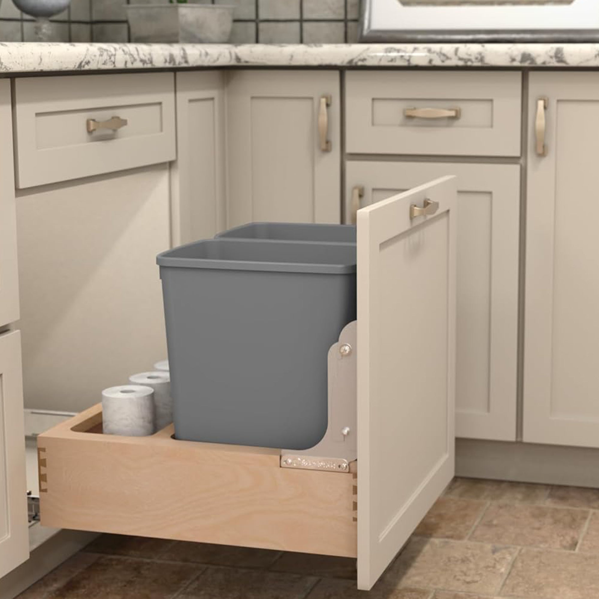 Rev-A-Shelf Wood Double Pullout Waste Container, Soft-Close, 32 qt, Silver - VMInnovations