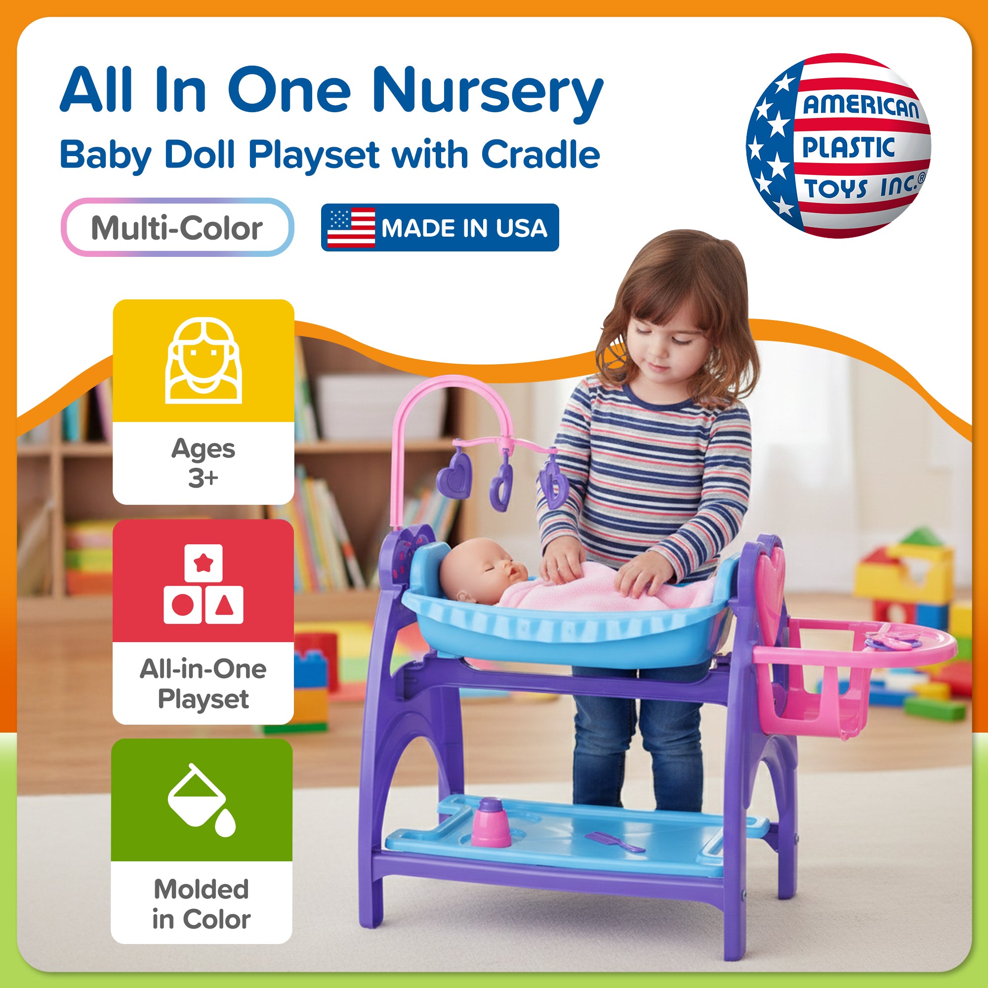 American Plastic Toys All in One Doll Nursery with Crib and Feeding Chair, Multi - VMInnovations