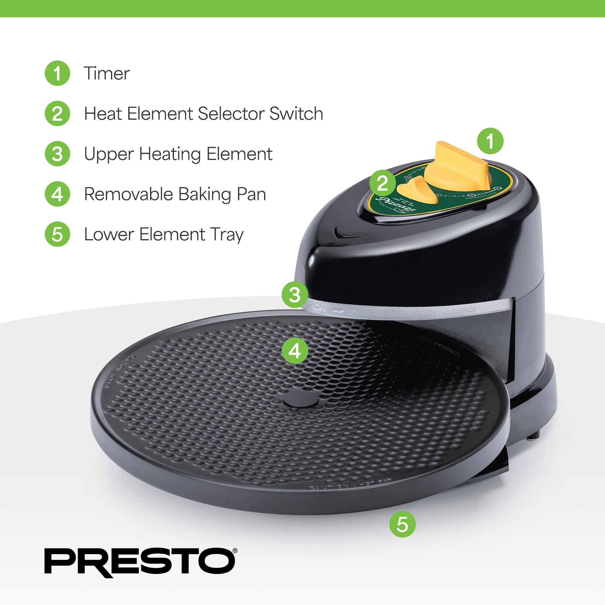 Presto 03434 Pizzazz Plus Rotating Pizza Oven, Bake 7-12" Pizzas, Green/Gold - VMInnovations