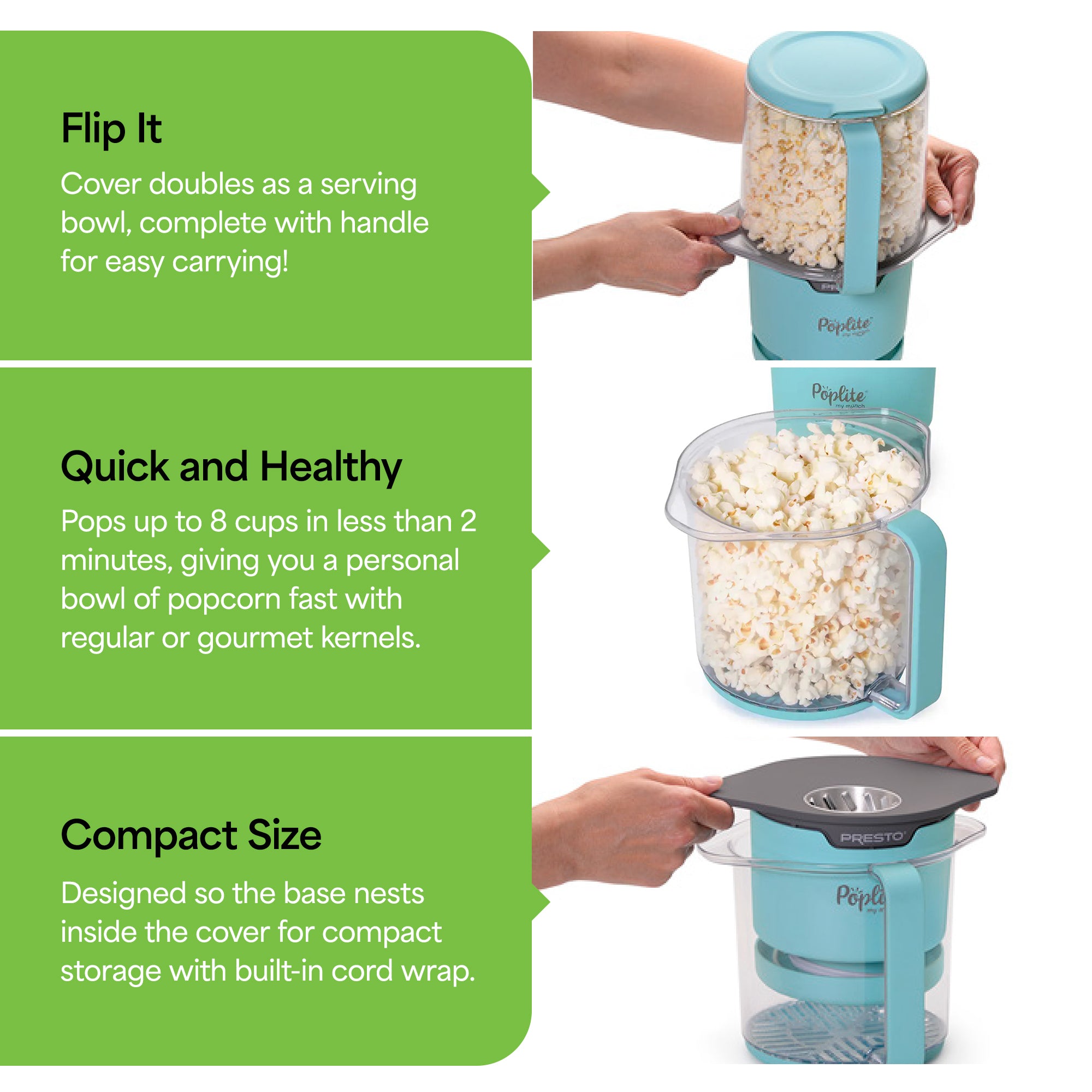 Presto PopLite Hot Air Corn Popper, Natural Quick Popcorn Maker, 8 Cups, Aqua - VMInnovations