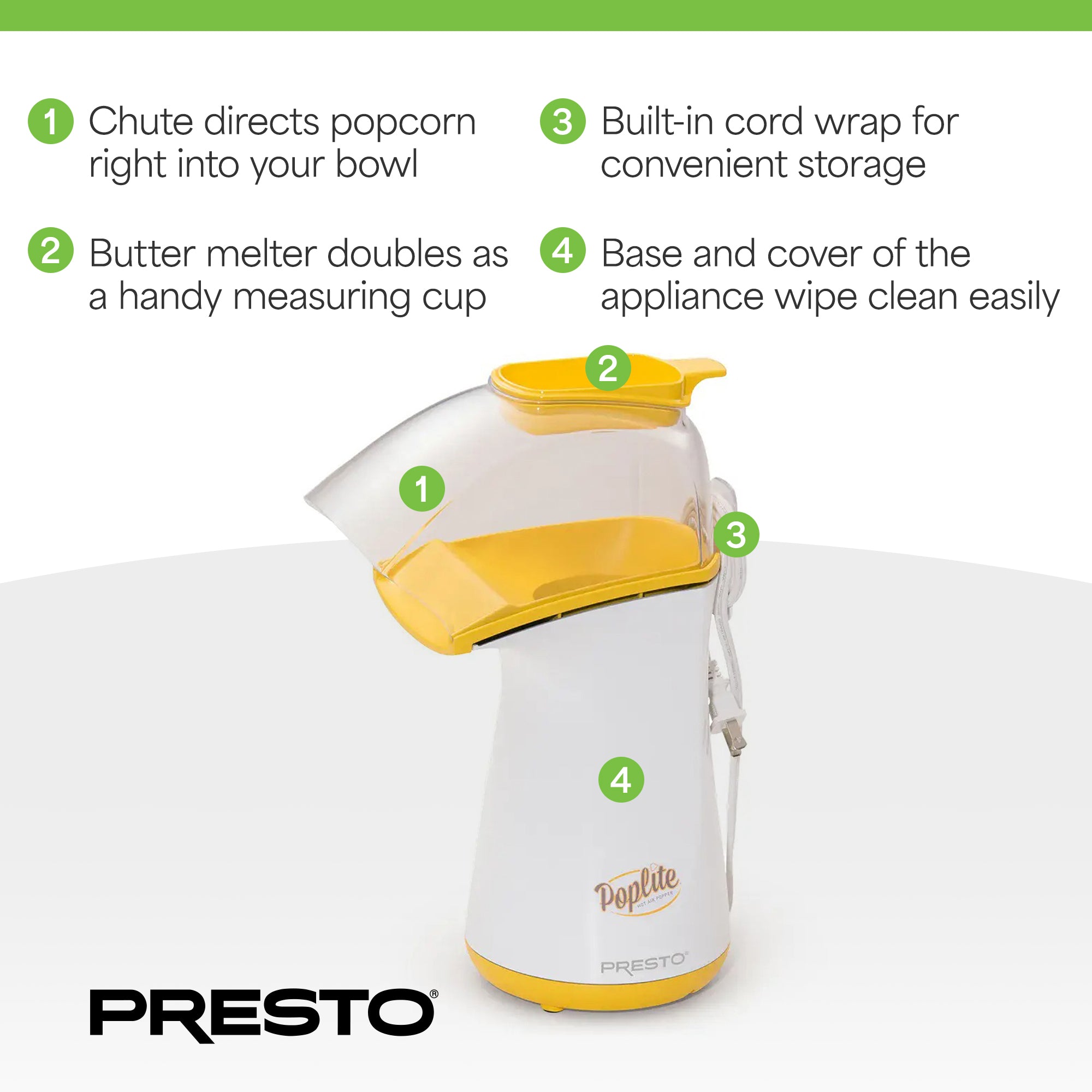 Presto PopLite Hot Air Corn Popper, Natural Quick Popcorn Maker, 18 Cups, Yellow - VMInnovations