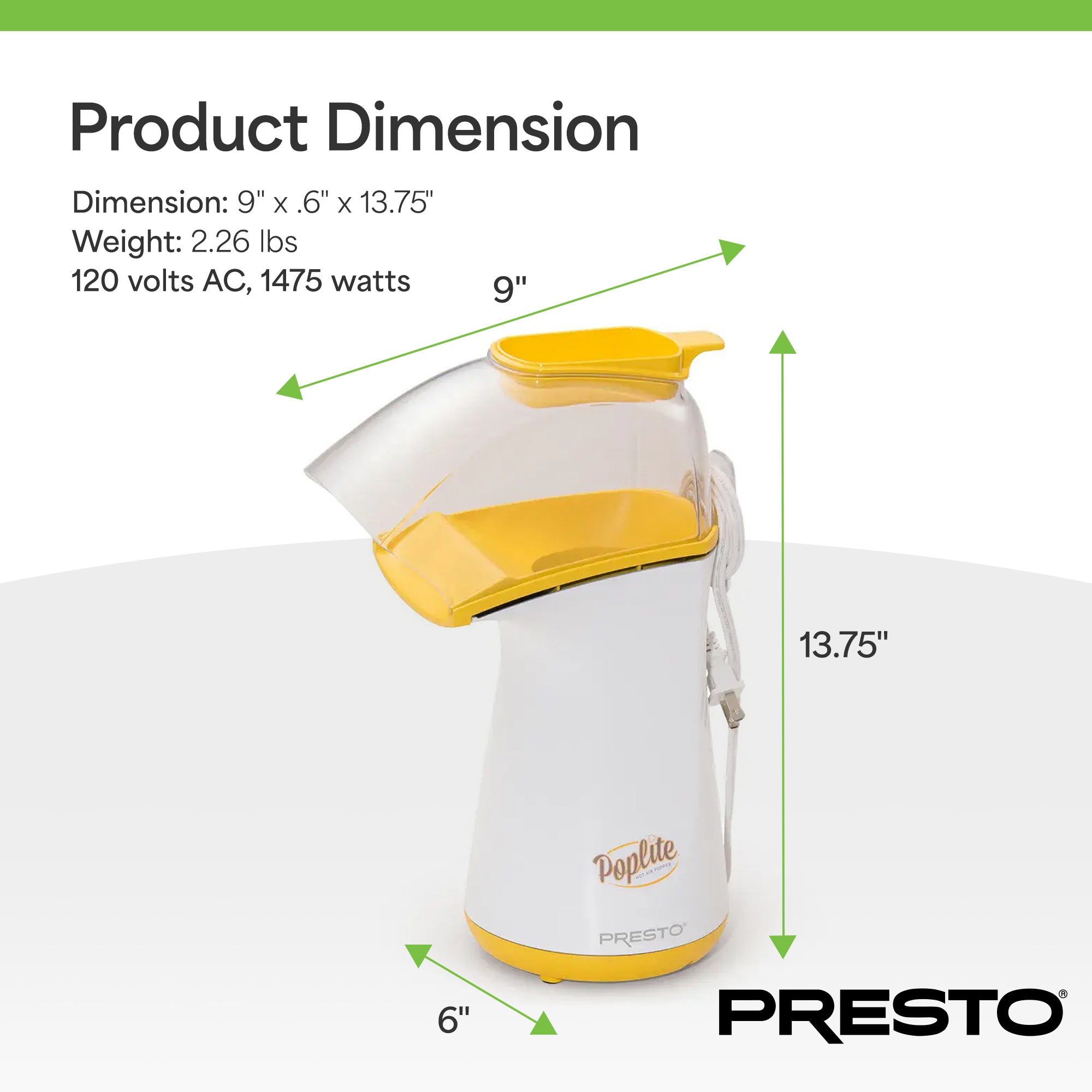 Presto PopLite Hot Air Corn Popper, Natural Quick Popcorn Maker, 18 Cups, Yellow - VMInnovations