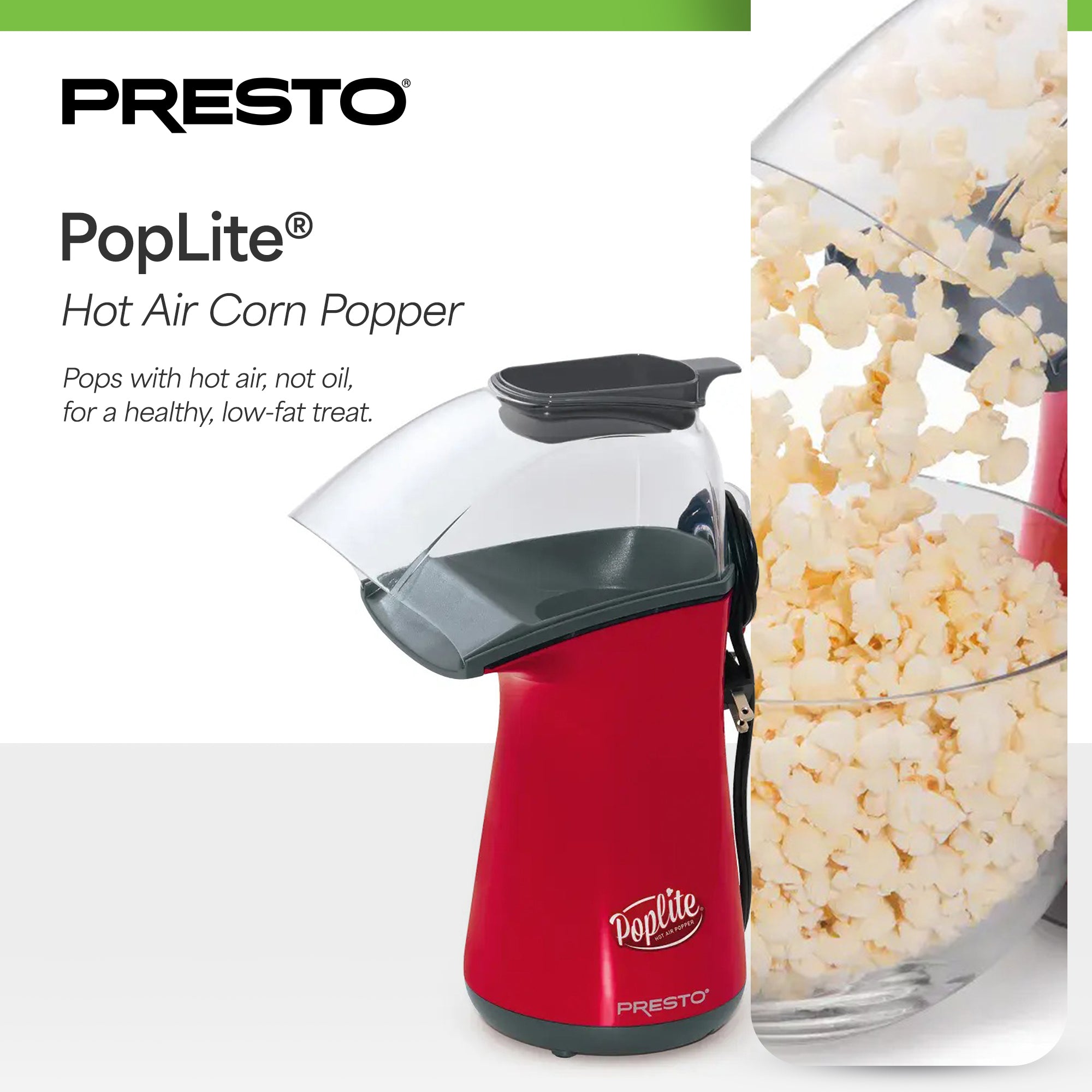 Presto PopLite Hot Air Corn Popper, Natural Quick Popcorn Maker, 18 Cups, Red - VMInnovations