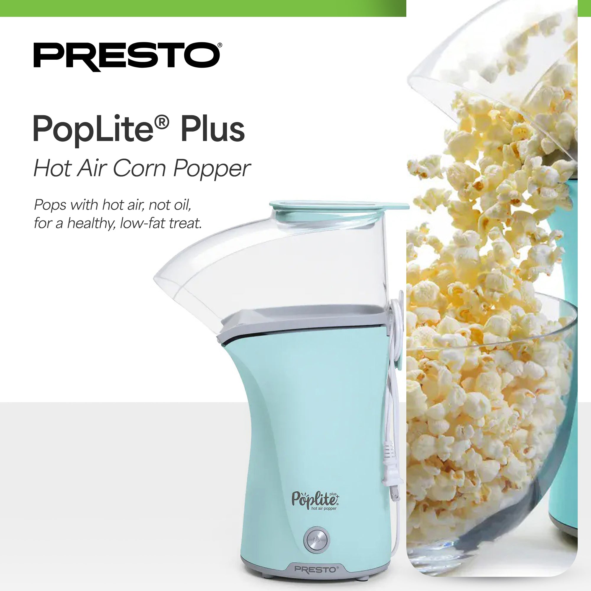 Presto PopLite Hot Air Corn Popper, Natural Quick Popcorn Maker, 18 Cups, Aqua - VMInnovations