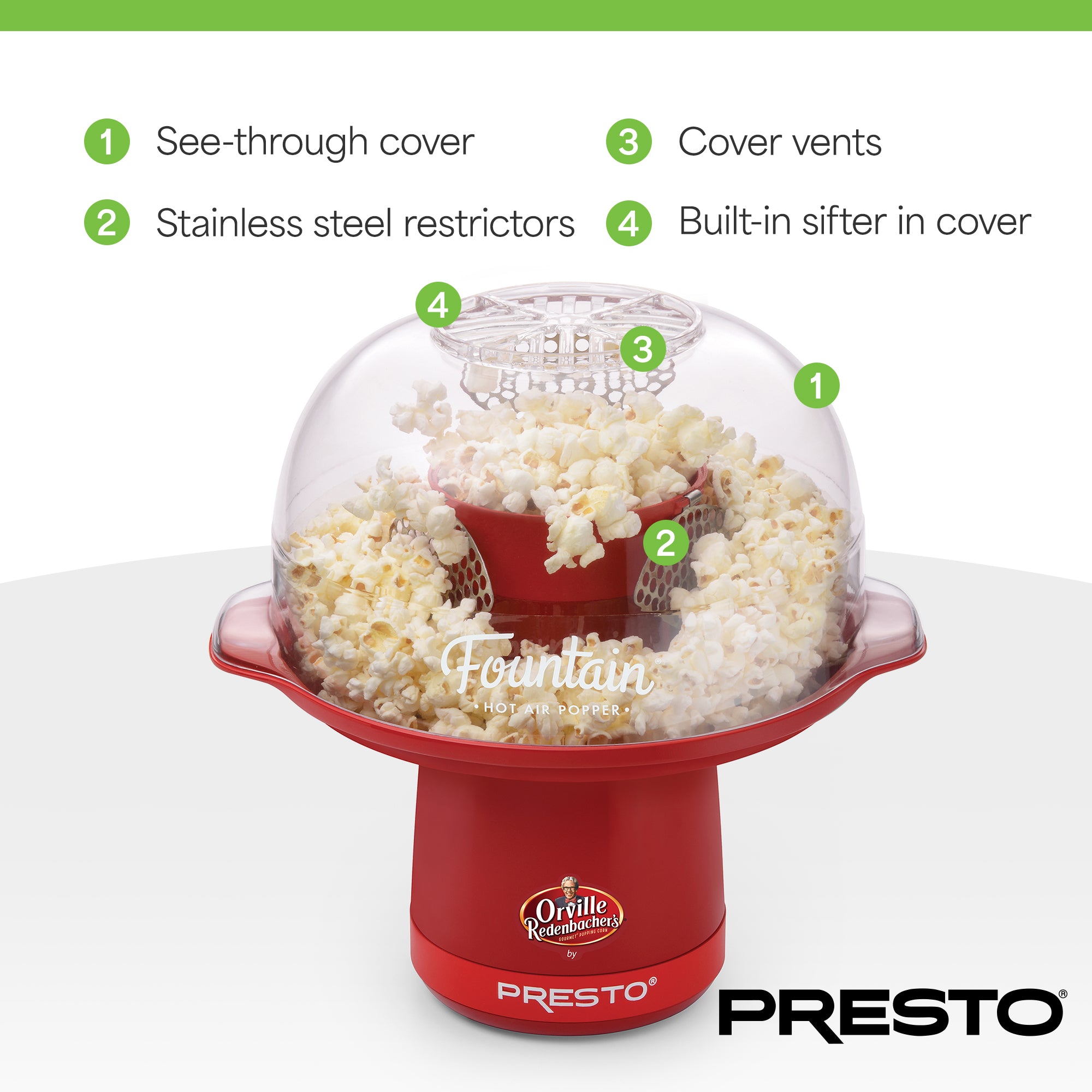 Presto Orville Redenbacher's Fountain Hot Air Popper, Popcorn Maker, 20 Cup, Red - VMInnovations