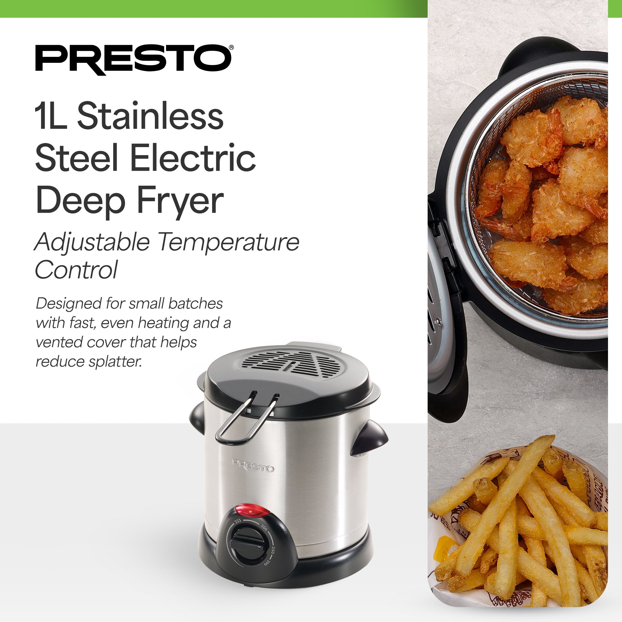 Presto 1L Stainless Steel Electric Deep Fryer with Temperature Control, Silver - VMInnovations