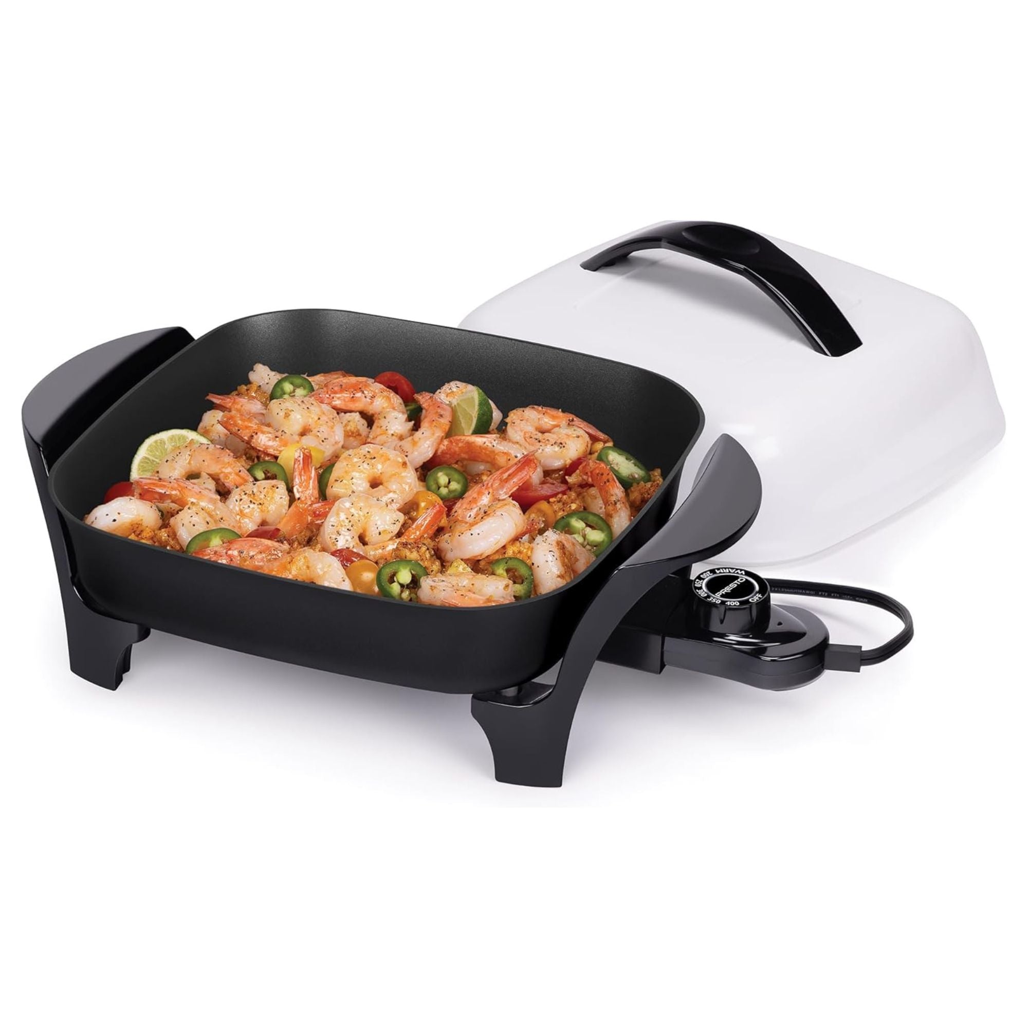 Presto 11" Electric Skillet with High-Dome Cover, Ceramic Nonstick, Black/White - VMInnovations