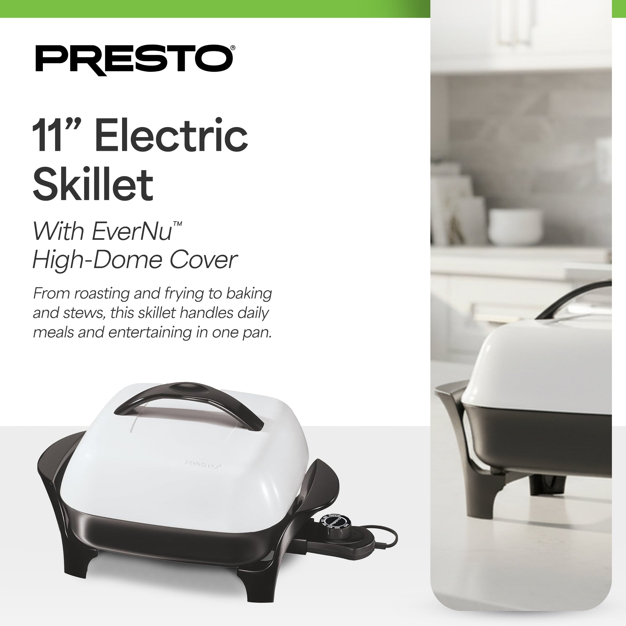 Presto 11" Electric Skillet with High-Dome Cover, Ceramic Nonstick, Black/White - VMInnovations