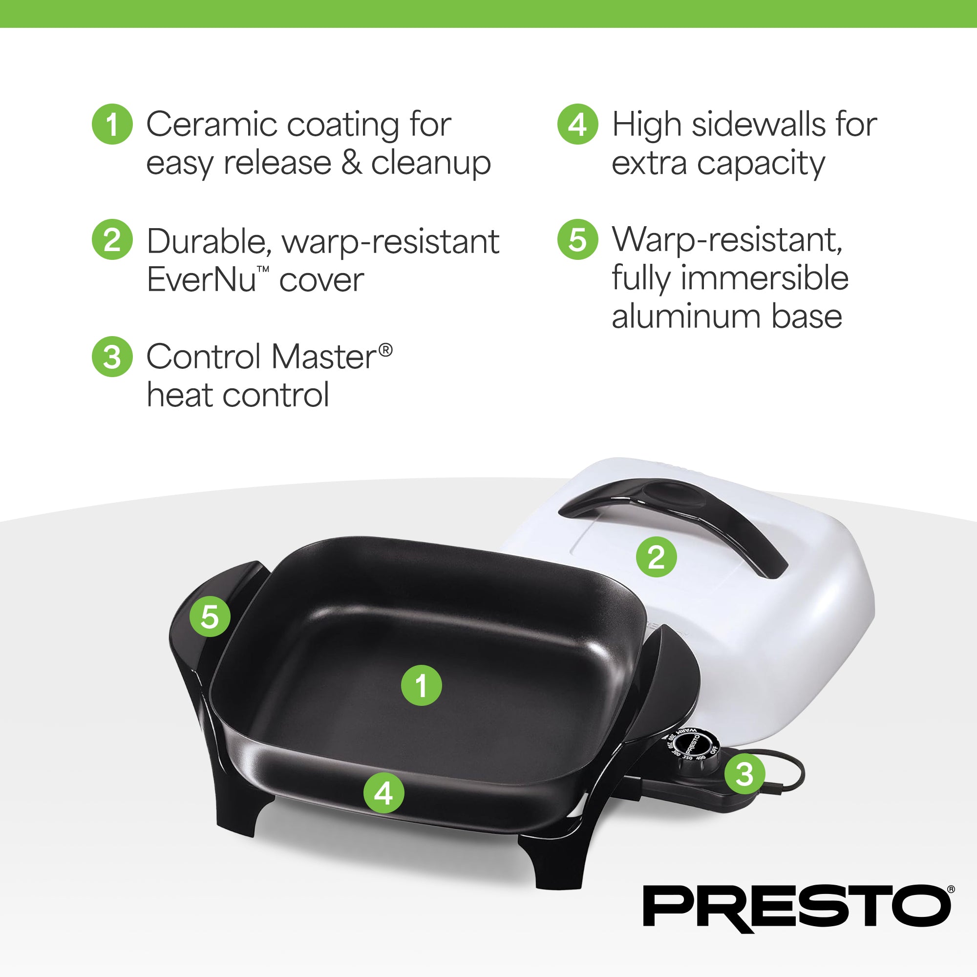 Presto 11" Electric Skillet with High-Dome Cover, Ceramic Nonstick, Black/White - VMInnovations