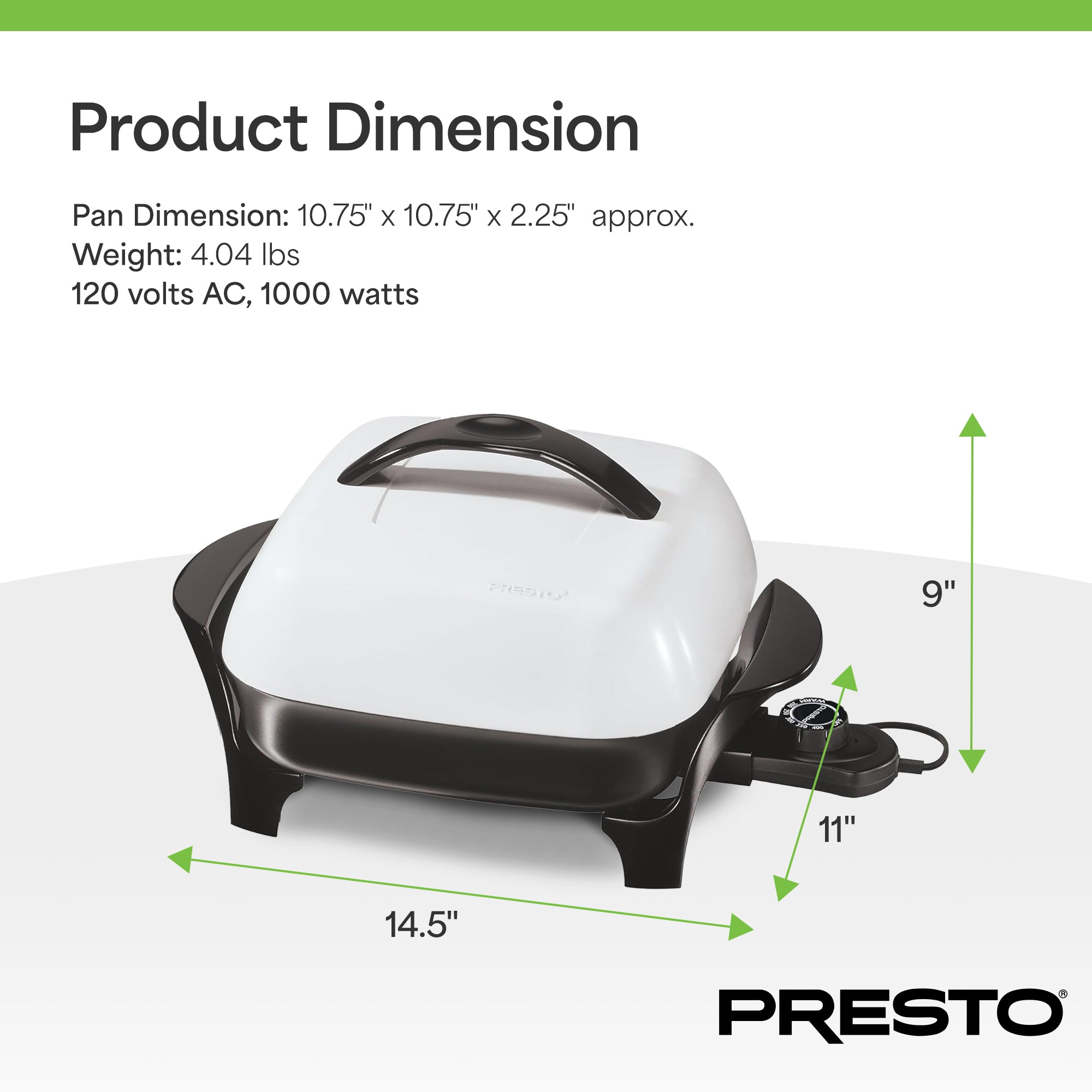 Presto 11" Electric Skillet with High-Dome Cover, Ceramic Nonstick, Black/White - VMInnovations