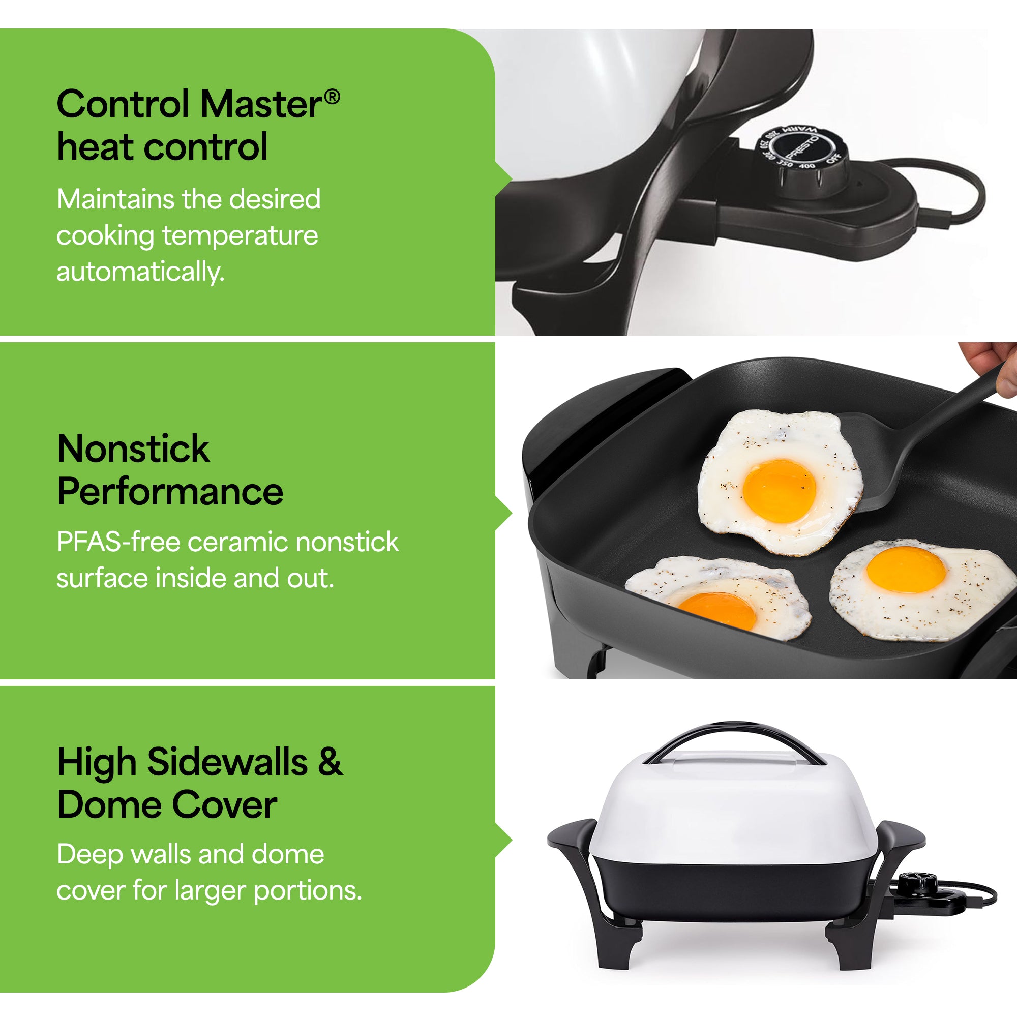 Presto 11" Electric Skillet with High-Dome Cover, Ceramic Nonstick, Black/White - VMInnovations