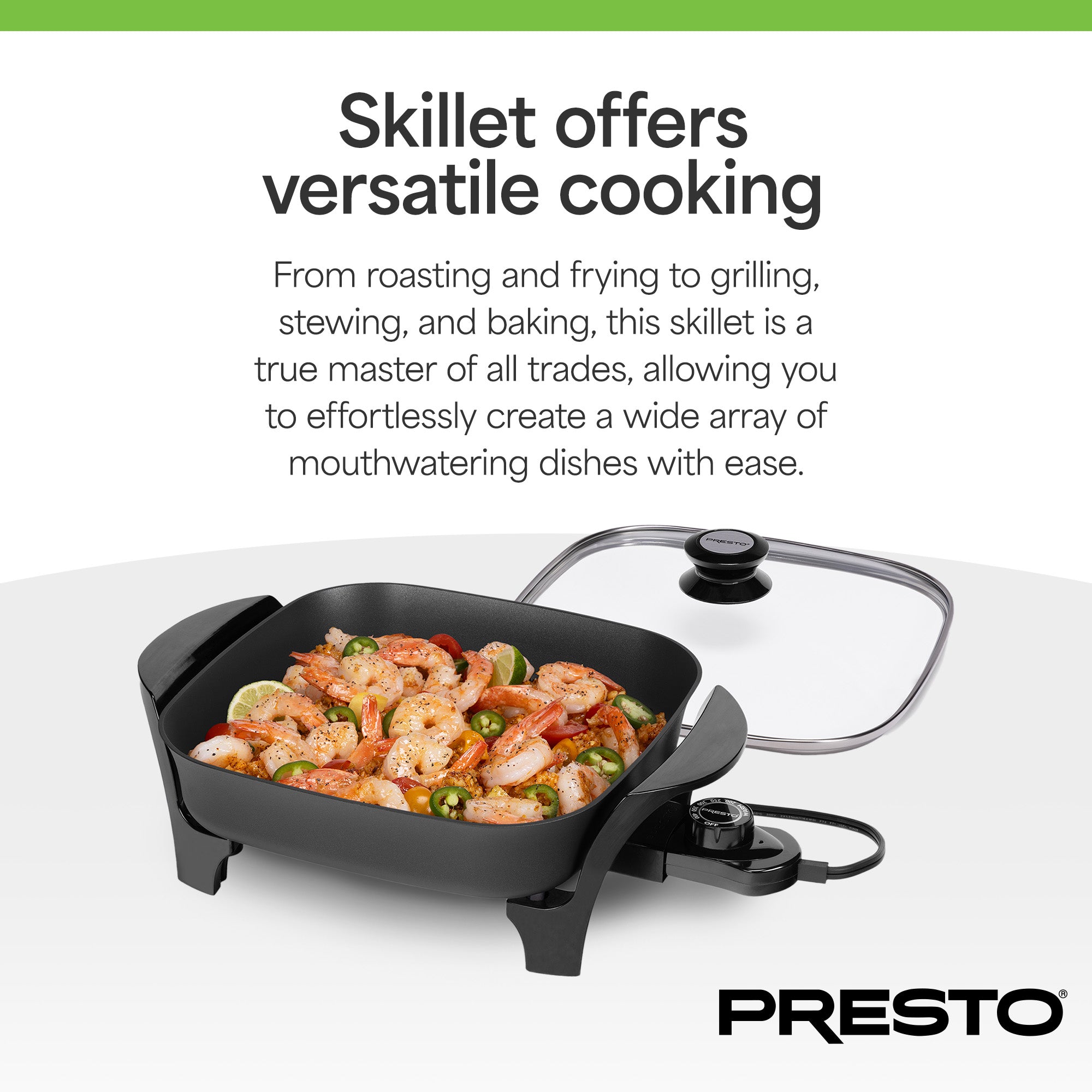 Presto 11-Inch Electric Skillet with Glass Lid, Ceramic Nonstick Multi-Use Pan - VMInnovations