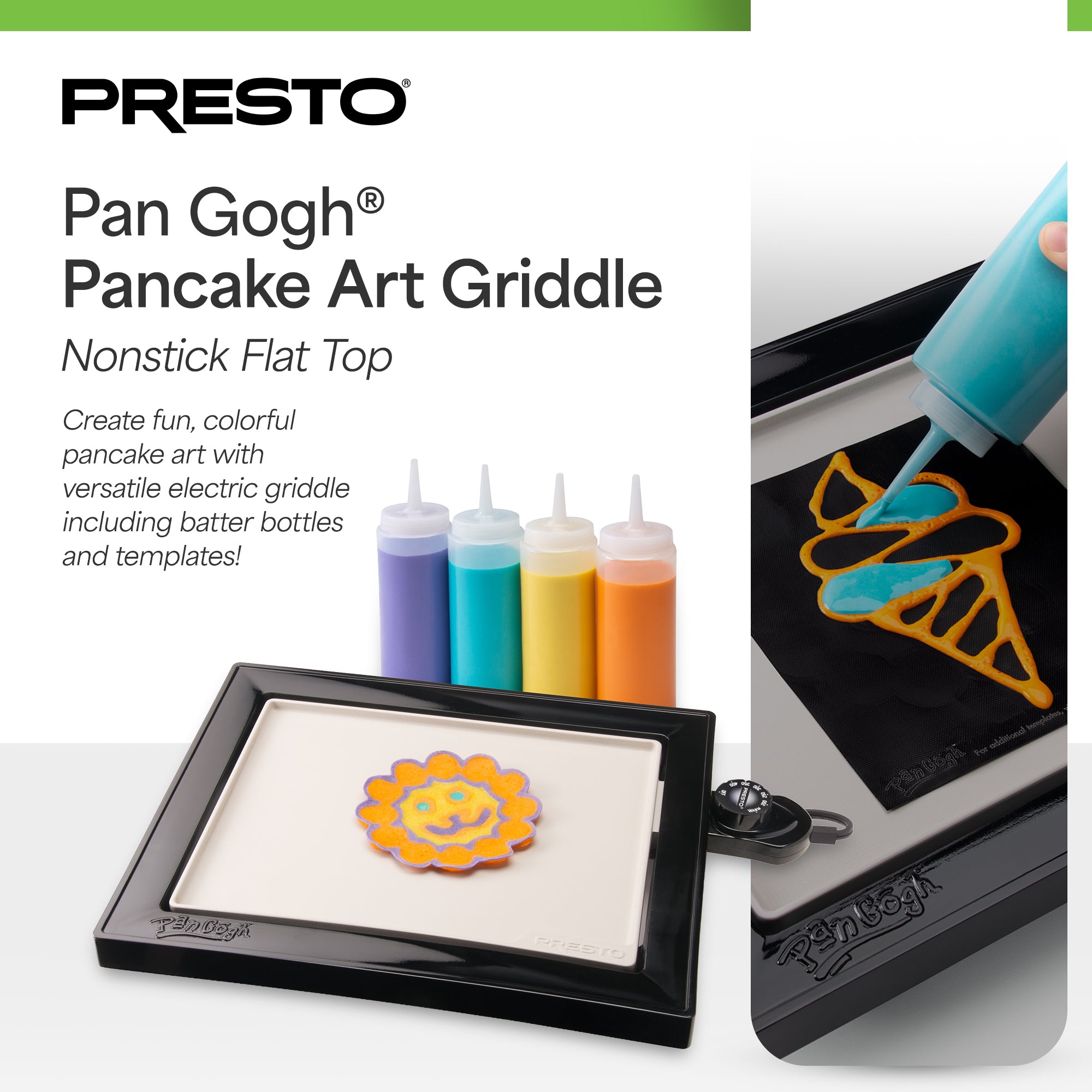 Presto PanGogh Electric Griddle w/ Batter Bottles & Template, Nonstick Flat Top - VMInnovations