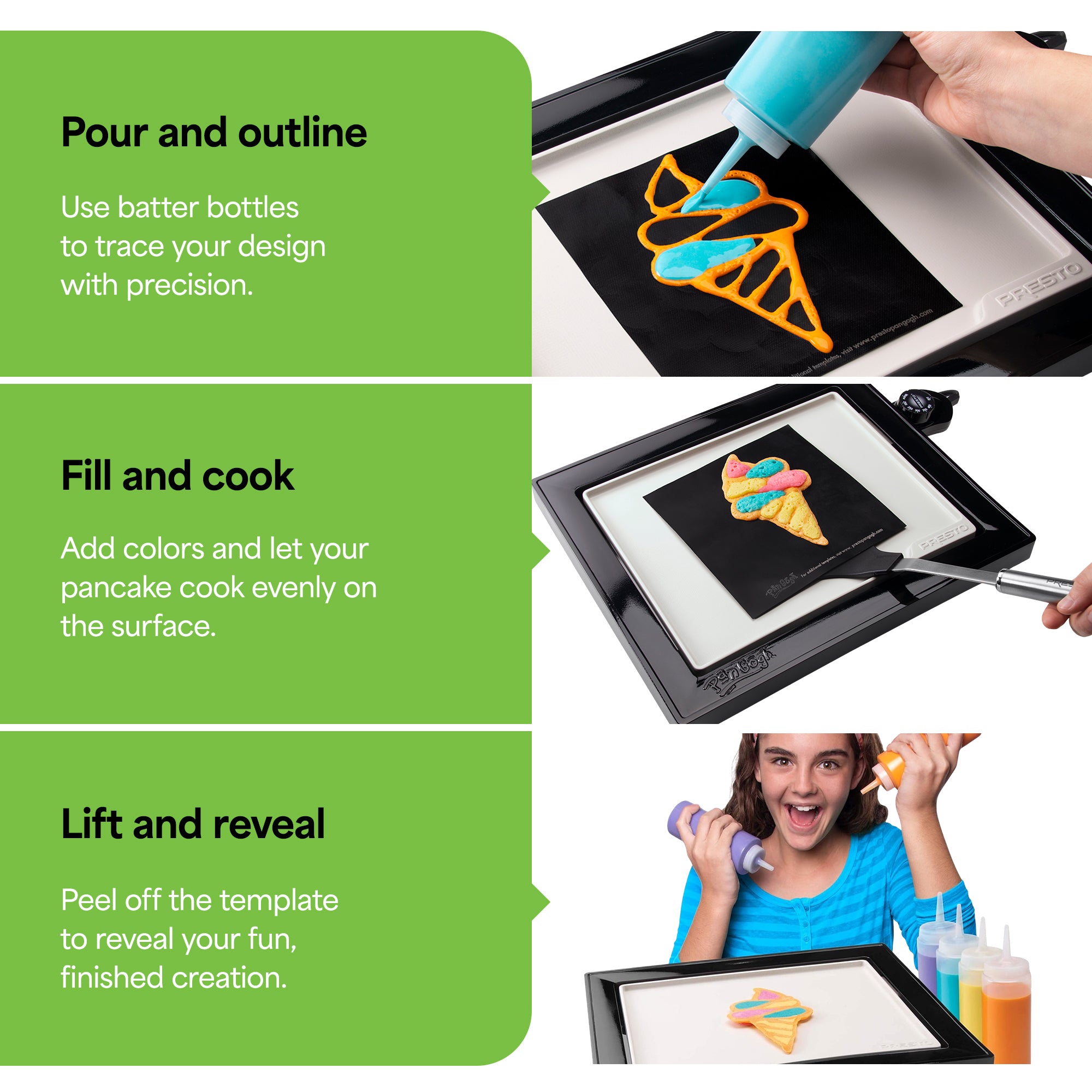 Presto PanGogh Electric Griddle w/ Batter Bottles & Template, Nonstick Flat Top - VMInnovations