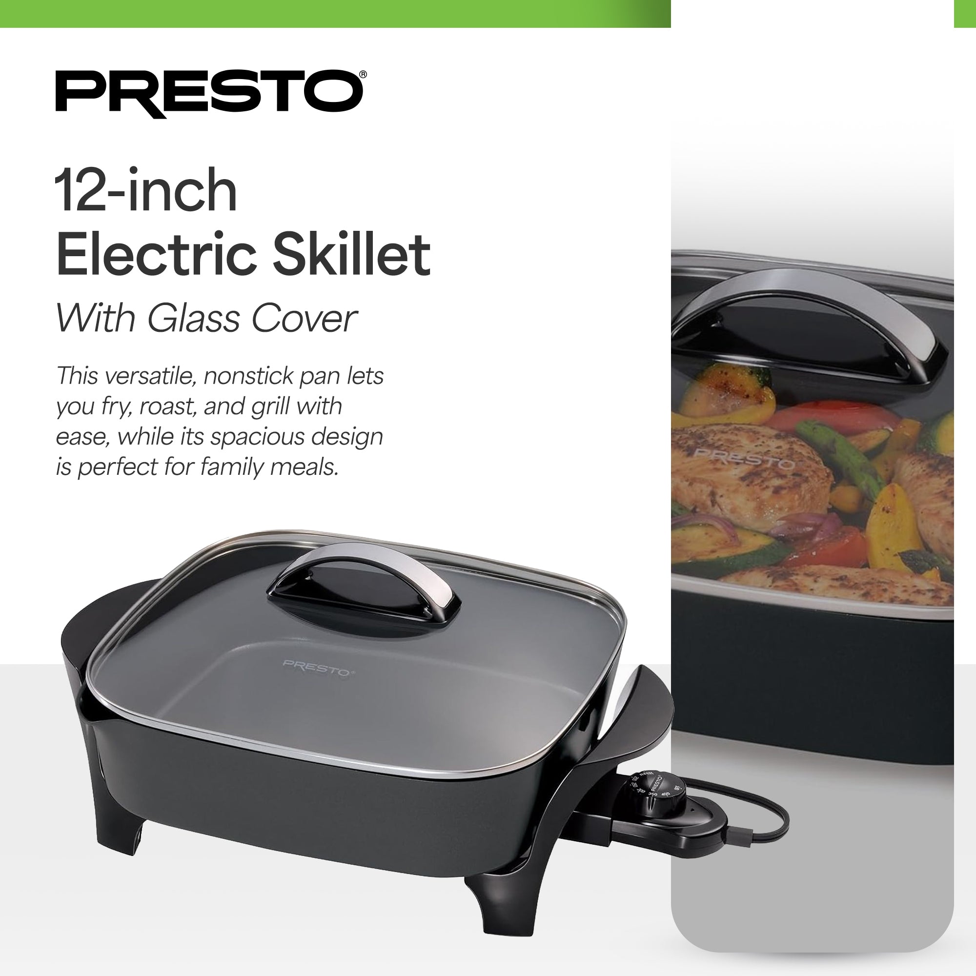 Presto 12In Electric Skillet w Glass Cover, Nonstick Multi-Use Pan, (Open Box)