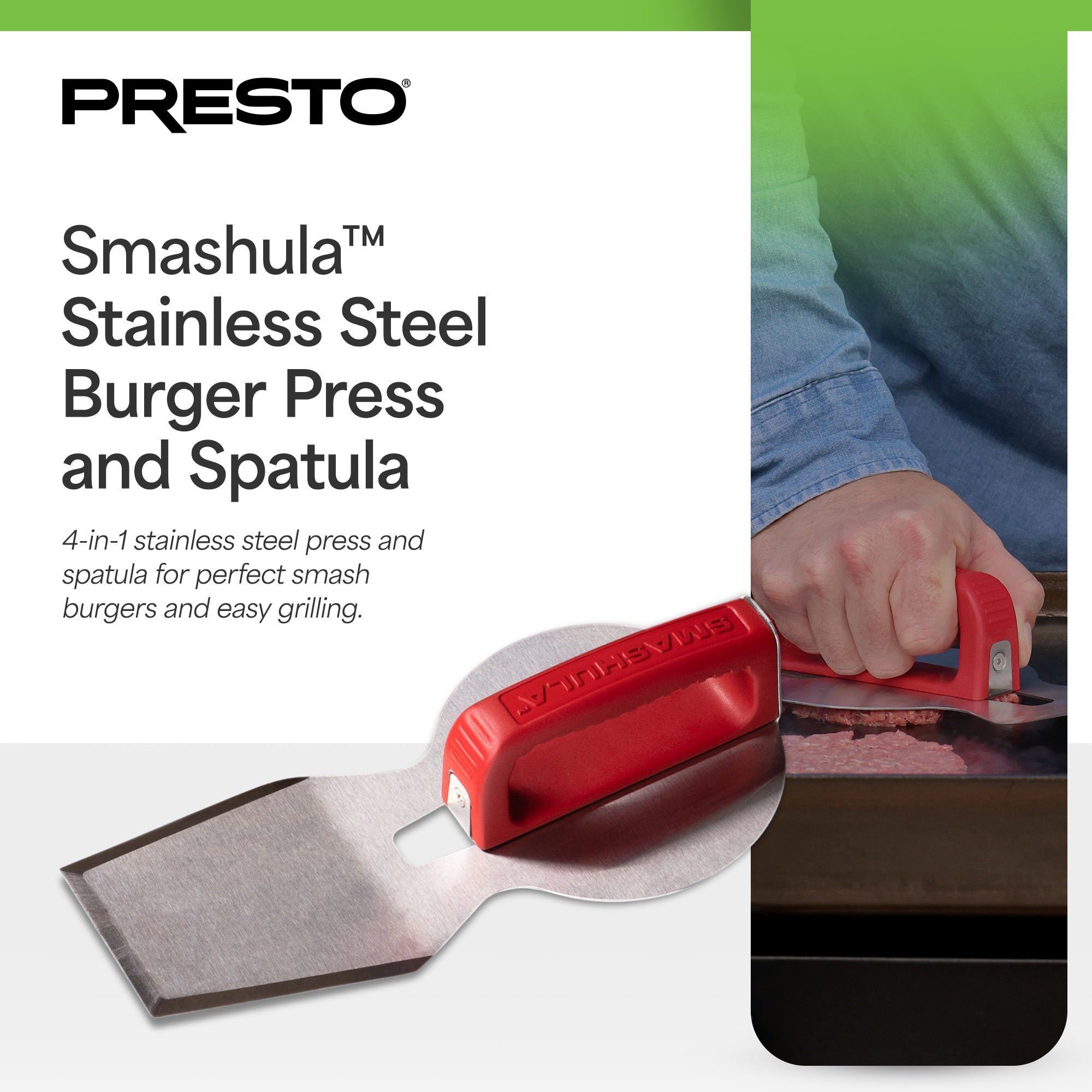 Presto Smashula Burger Press and Spatula, Stainless Steel 4 In 1 Grill Tool