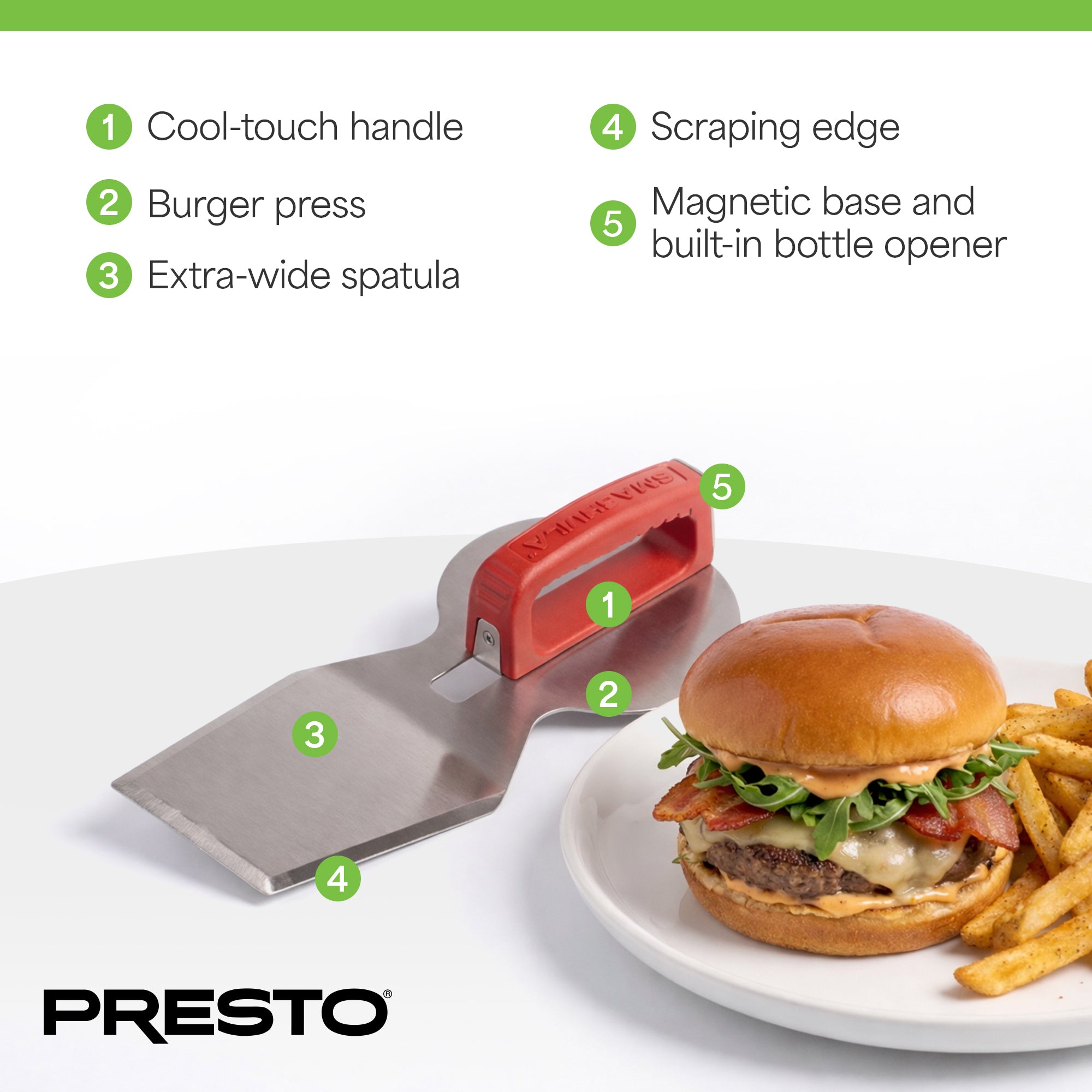 Presto Smashula Burger Press and Spatula, Stainless Steel 4 In 1 Grill Tool