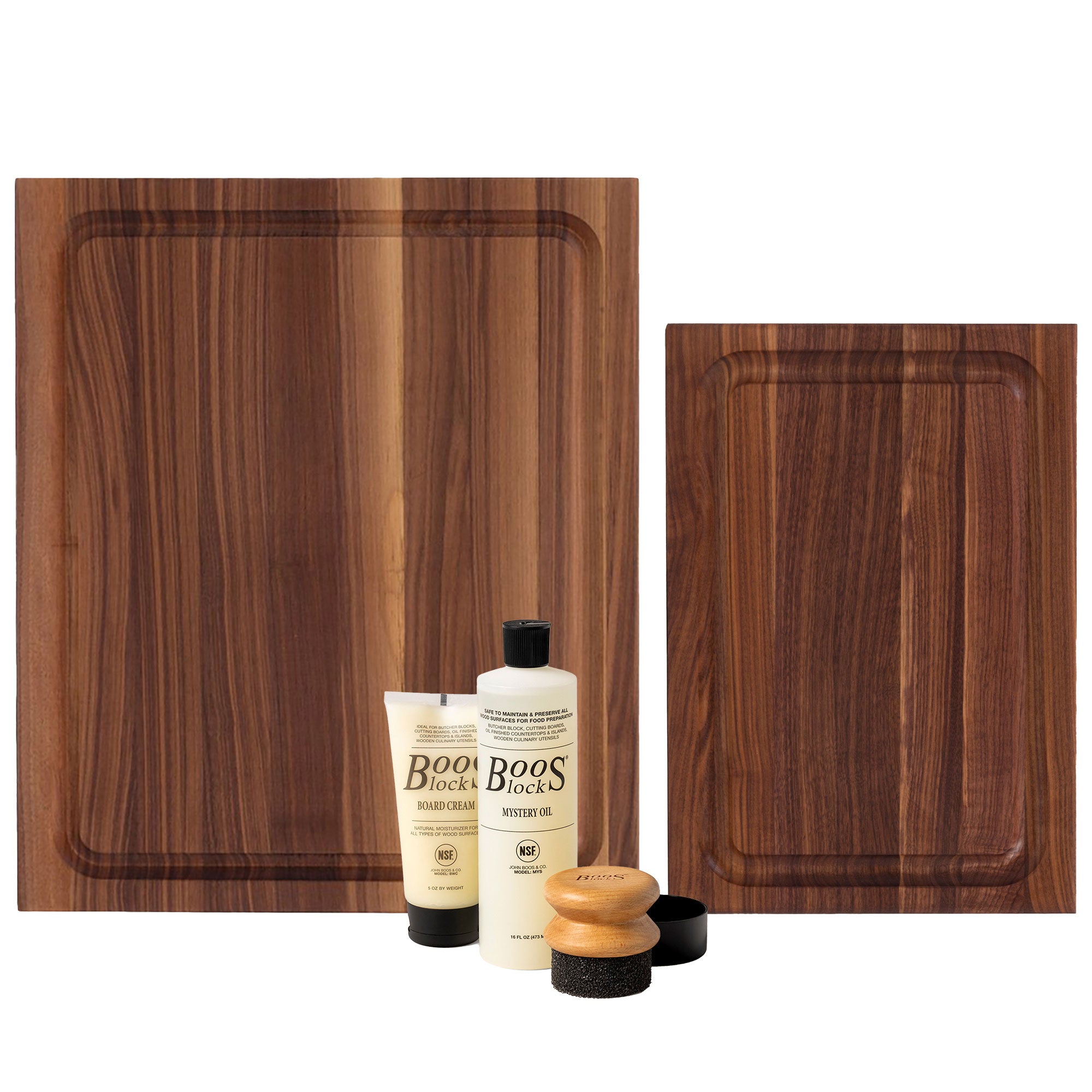 John Boos Walnut 18" x 12" and 17" x 21" Carving Boards with 3 Piece Care Set - VMInnovations