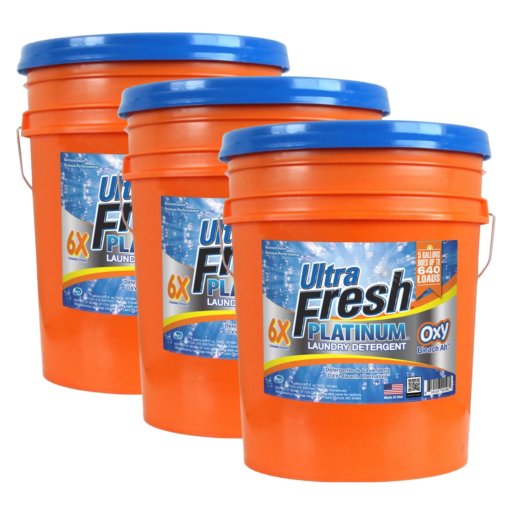 Ultra Fresh 3 Pack 6X Platinum Laundry Detergent, 640 Loads, Bleach Alt, 5 Gal