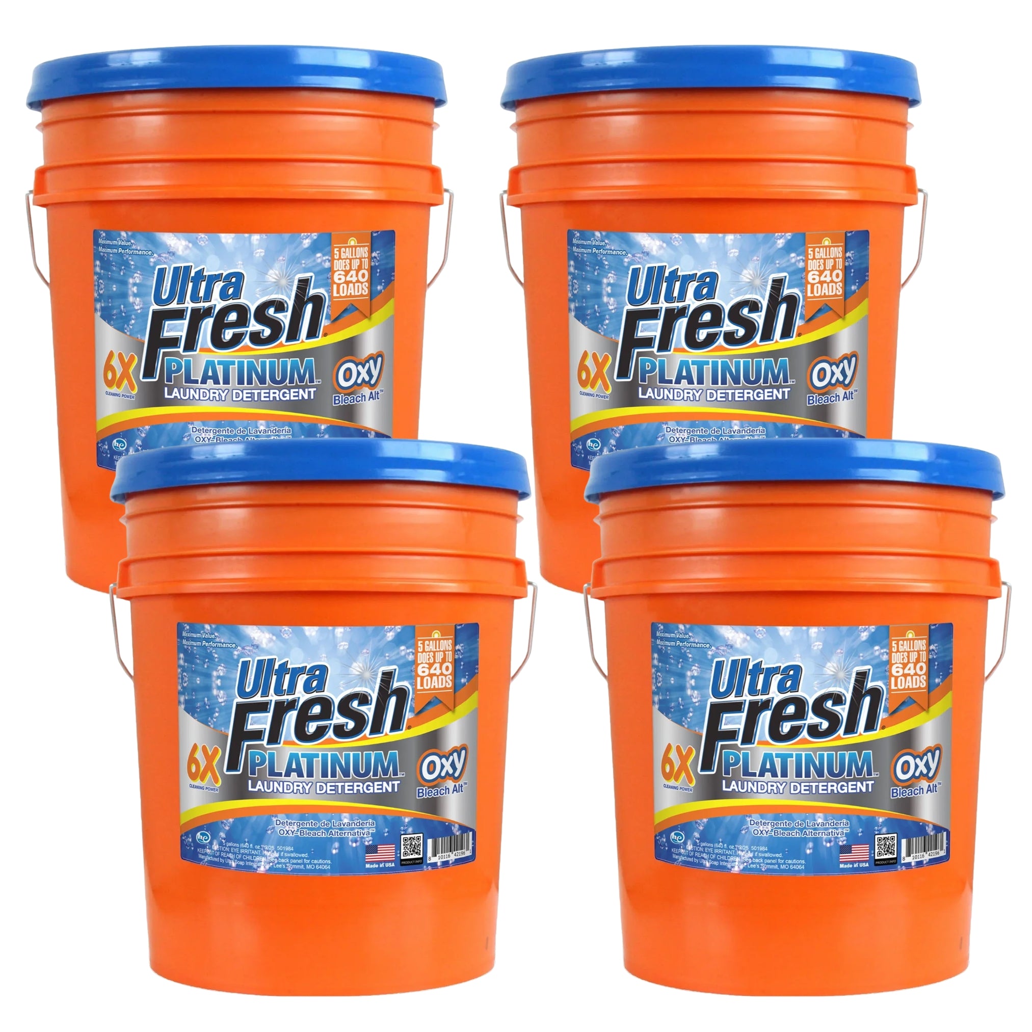 Ultra Fresh 4 Pack 6X Platinum Laundry Detergent, 640 Loads, Bleach Alt, 5 Gal