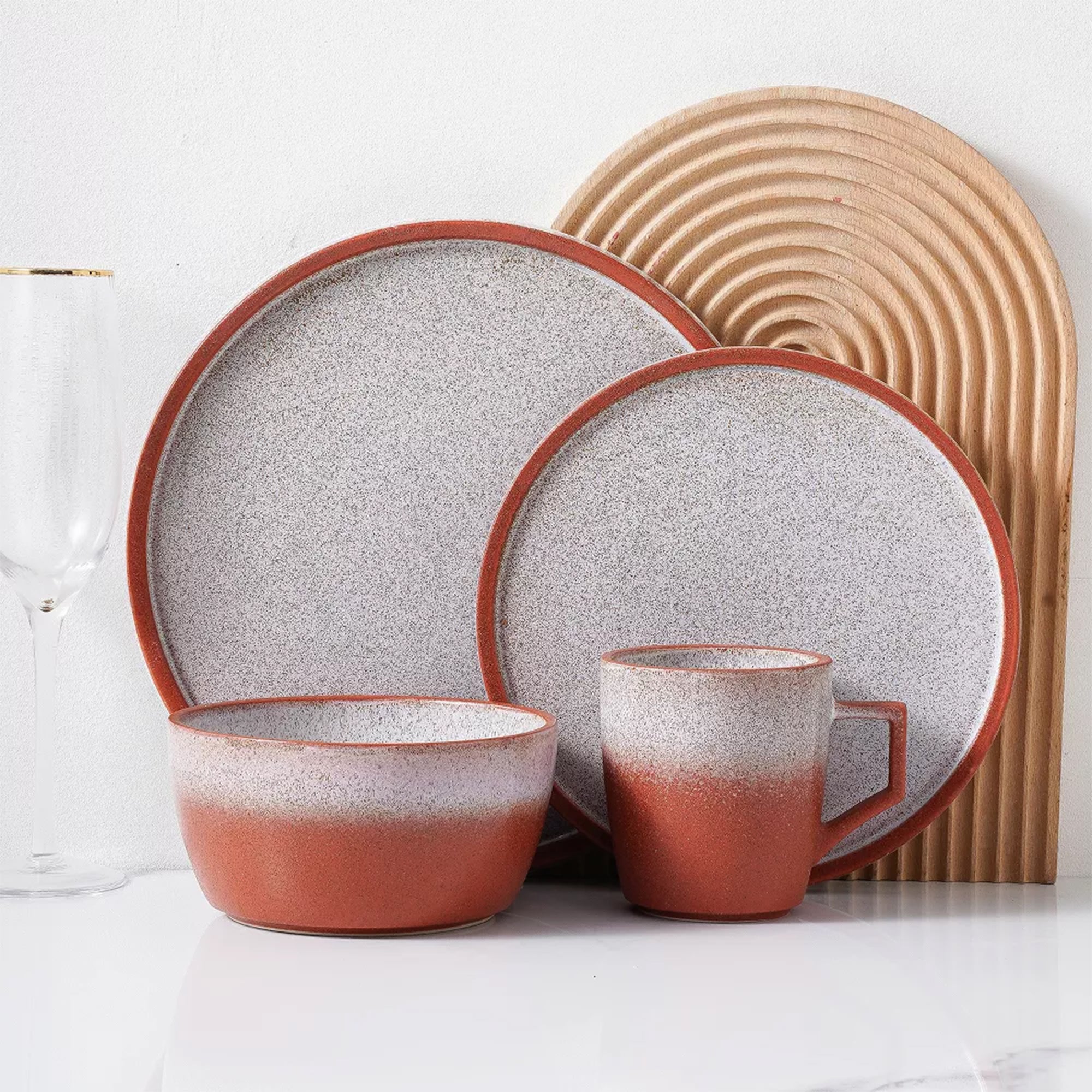 Stone Lain Vince Stoneware 16 Piece Dinnerware Set, Service for 4, Red and White - VMInnovations