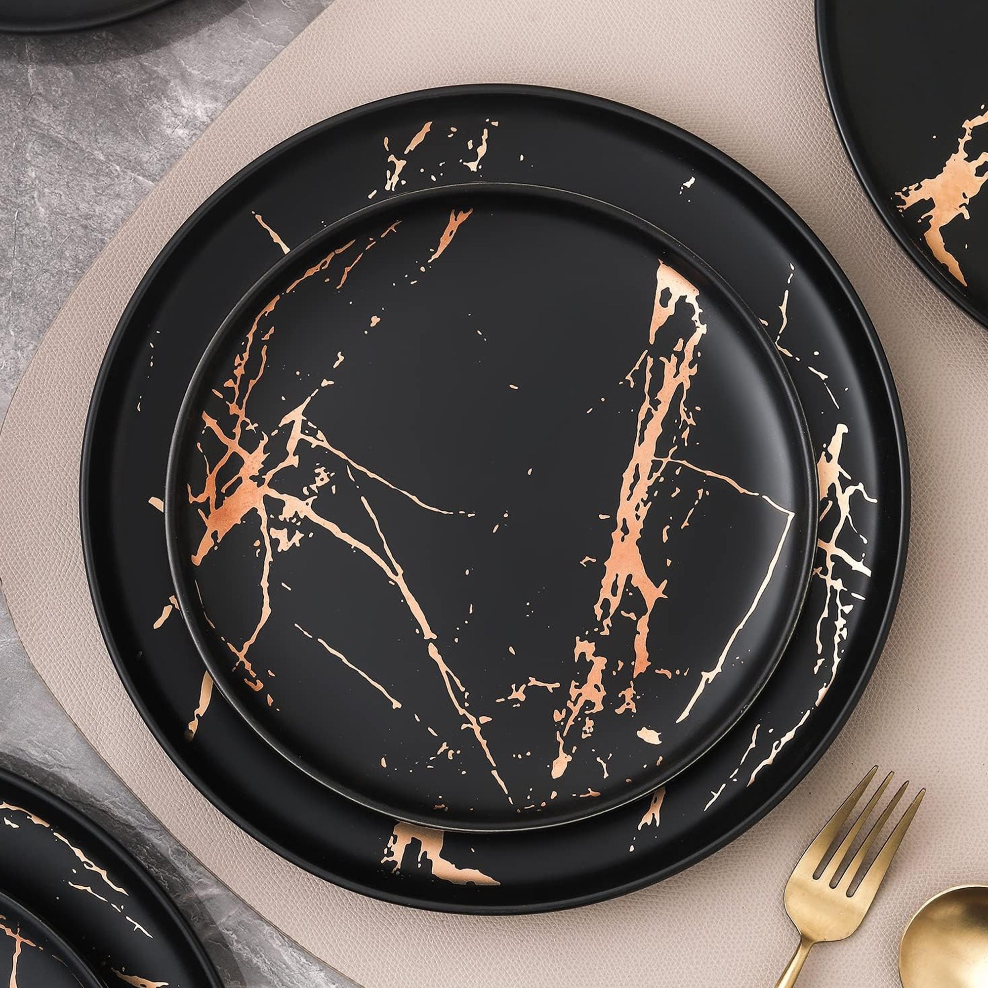 Stone Lain Zora Porcelain 4 Piece Dinner Plate Set, Serving Dishes, Black - VMInnovations