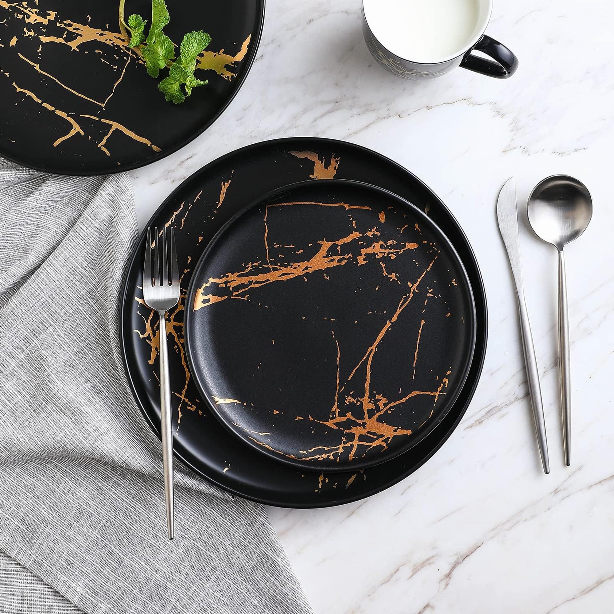 Stone Lain Zora Porcelain 4 Piece Dinner Plate Set, Serving Dishes, Black - VMInnovations