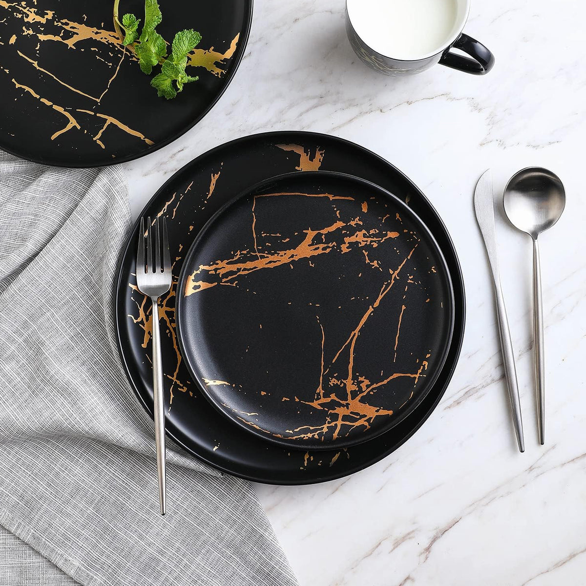 Stone Lain Zora Porcelain 4 Piece Dinner Plate Set, Serving Dishes, Black - VMInnovations