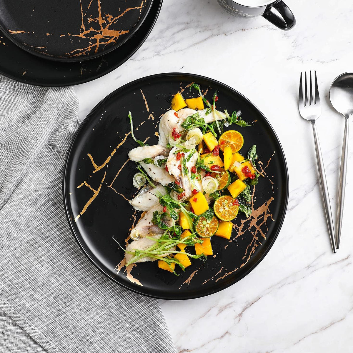 Stone Lain Zora Porcelain 4 Piece Dinner Plate Set, Serving Dishes, Black - VMInnovations