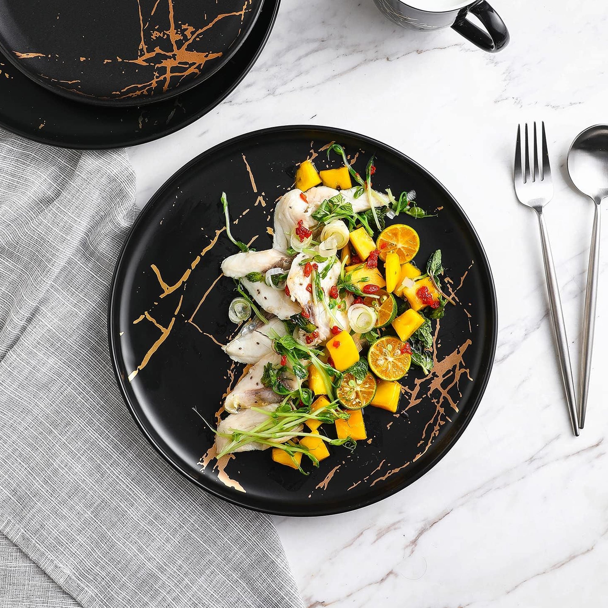 Stone Lain Zora Porcelain 4 Piece Dinner Plate Set, Serving Dishes, Black - VMInnovations