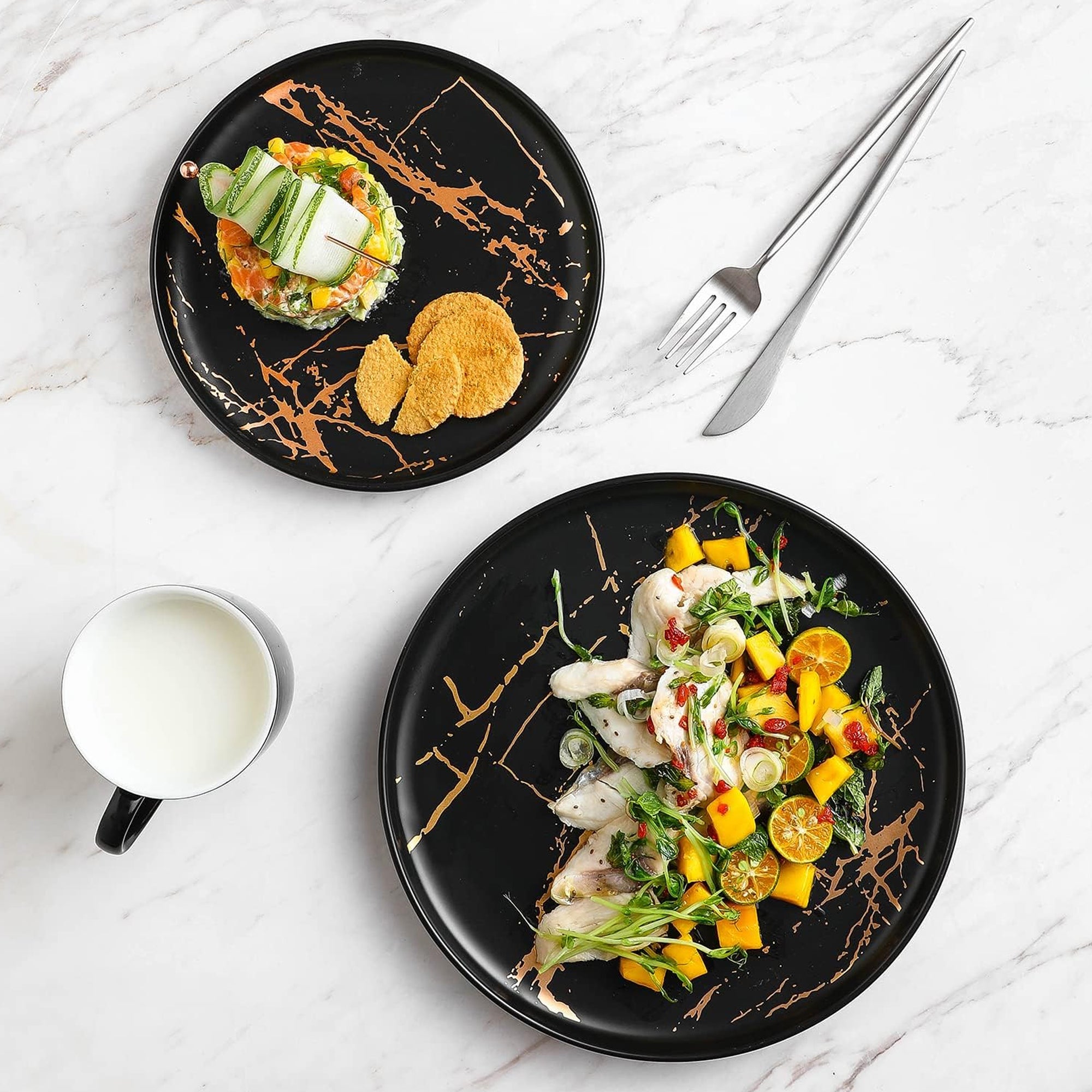 Stone Lain Zora Porcelain 4 Piece Salad Dinner Plate Set, Serving Dishes, Black - VMInnovations