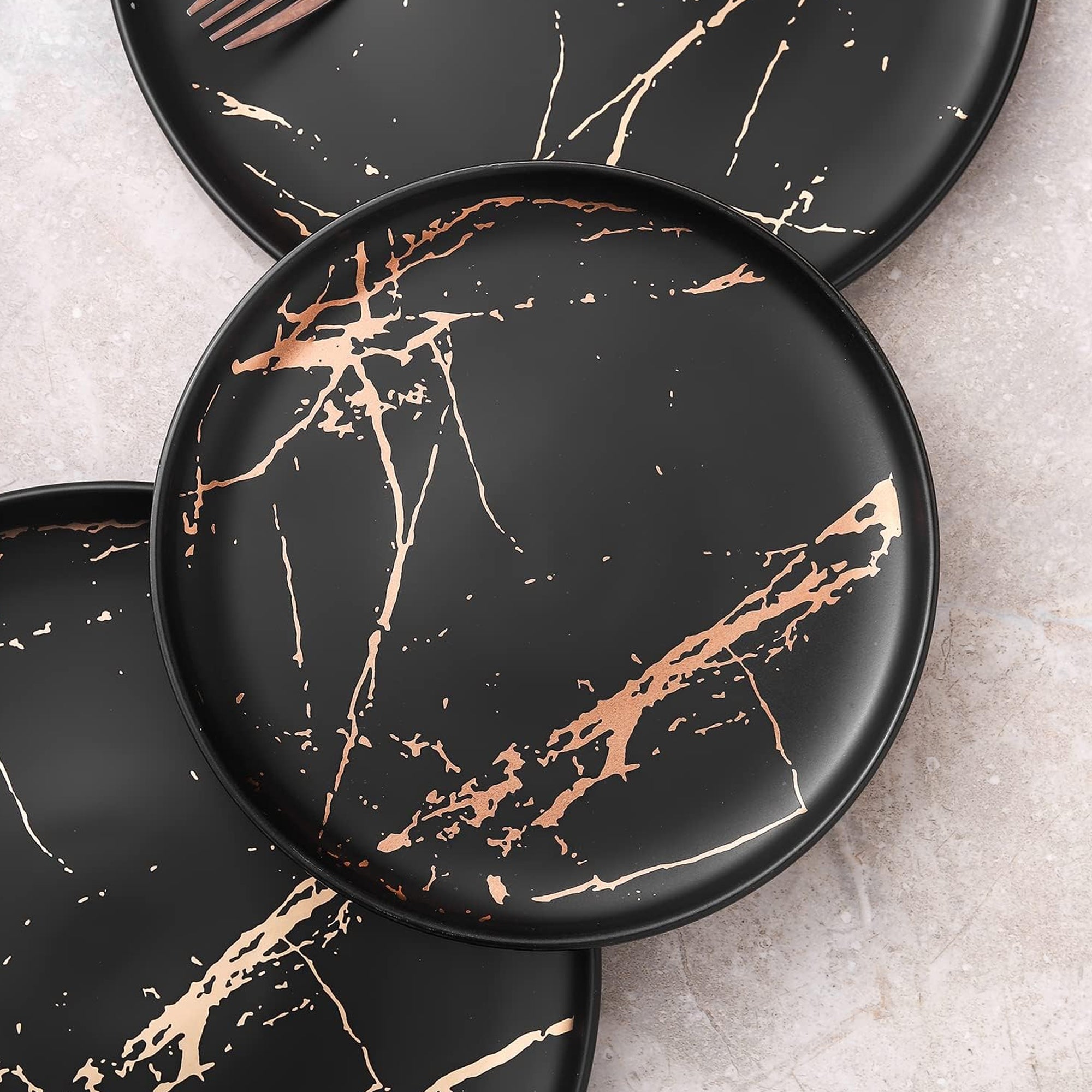 Stone Lain Zora Porcelain 4 Piece Salad Dinner Plate Set, Serving Dishes, Black - VMInnovations