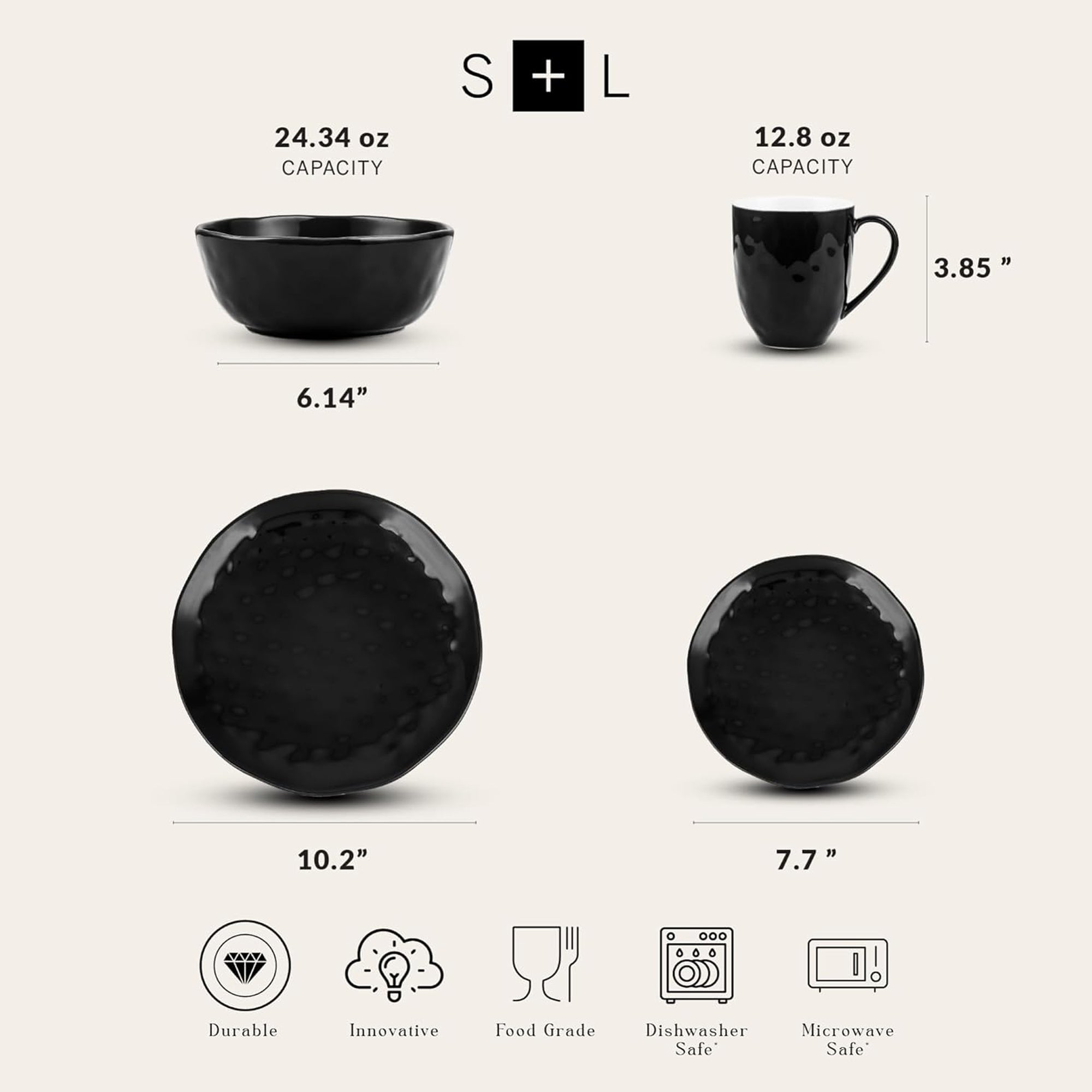 Stone Lain Ivy Stoneware 24 Piece Dinnerware Set, Service for 6, Black(Open Box) - VMInnovations