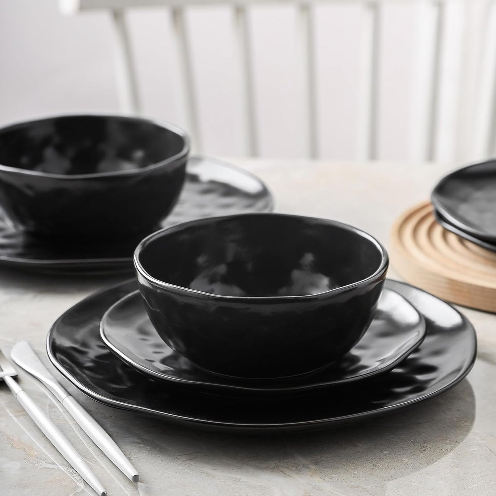 Stone Lain Ivy Stoneware 24 Piece Dinnerware Set, Service for 6, Black - VMInnovations
