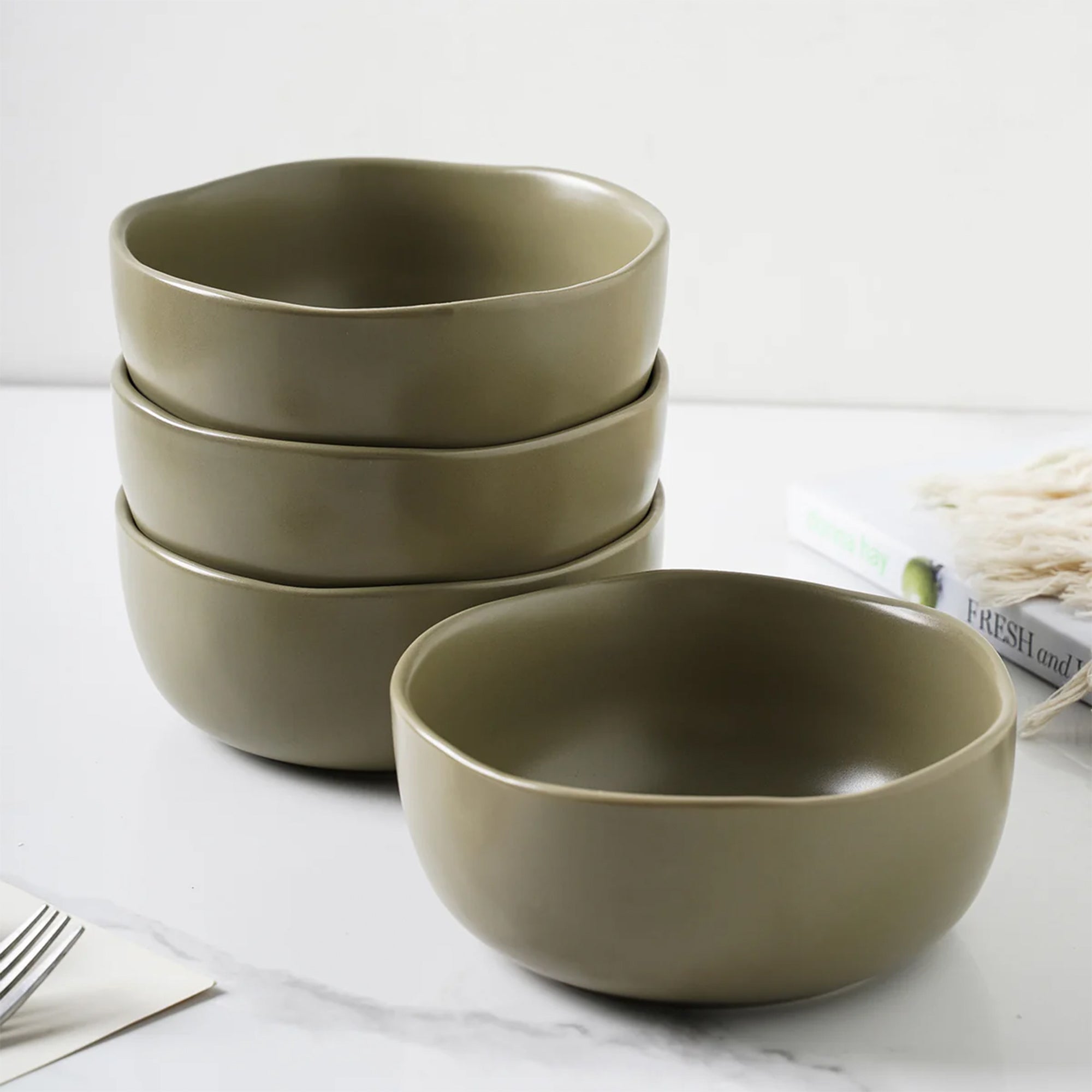 Stone Lain Tom 4 Piece Rustic Stoneware Bowl Set for Soups or Salads, Olive - VMInnovations