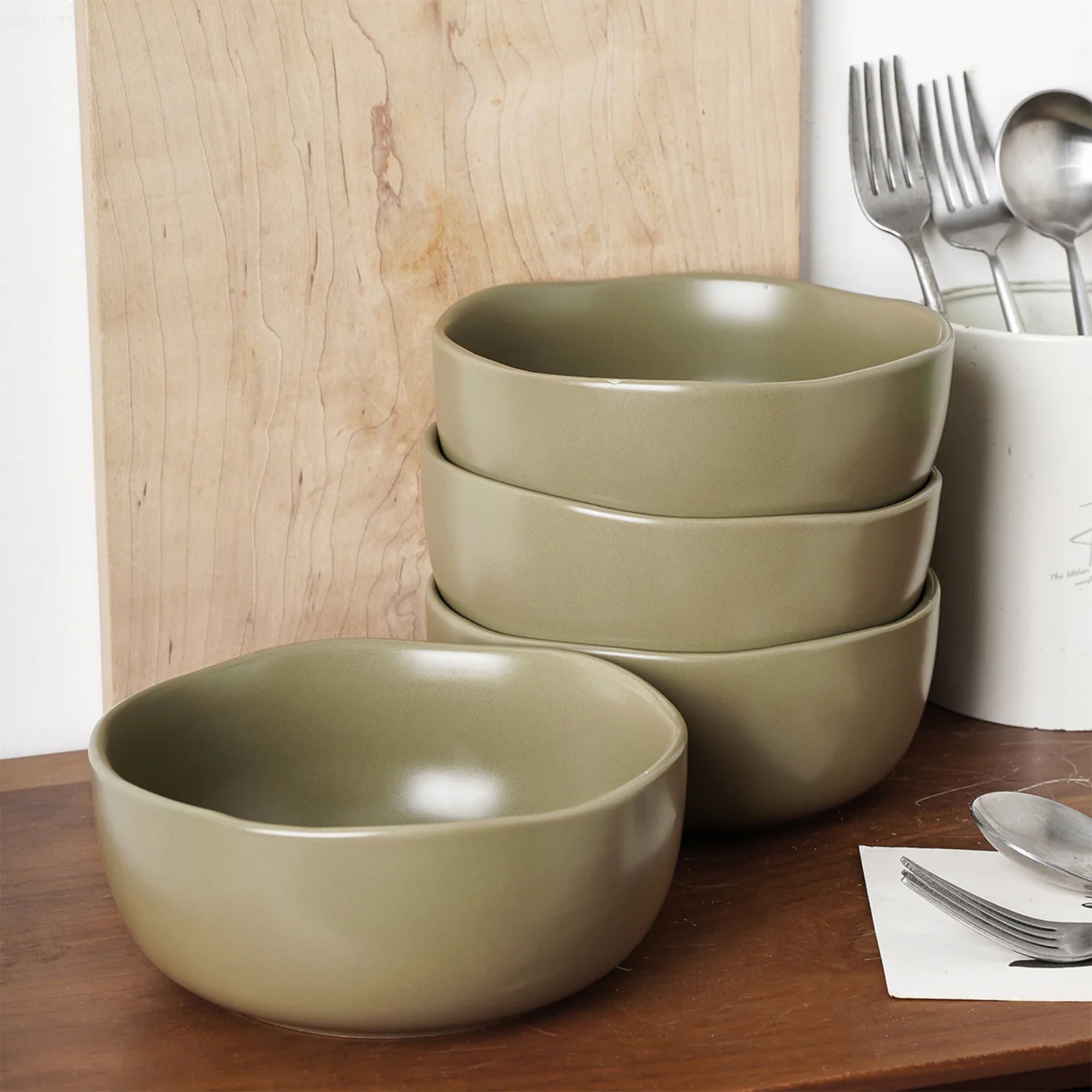 Stone Lain Tom 4 Piece Rustic Stoneware Bowl Set for Soups or Salads, Olive - VMInnovations