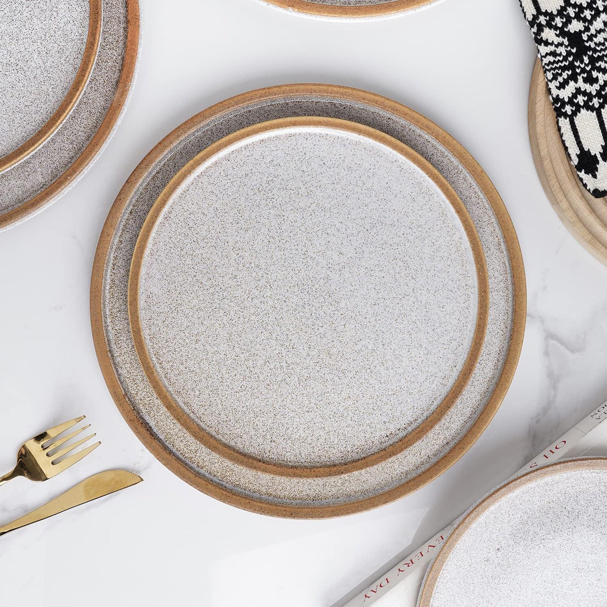 Stone Lain 4 Piece Vince Rustic Stoneware 11" Dinner Plate Set, Brown and White - VMInnovations