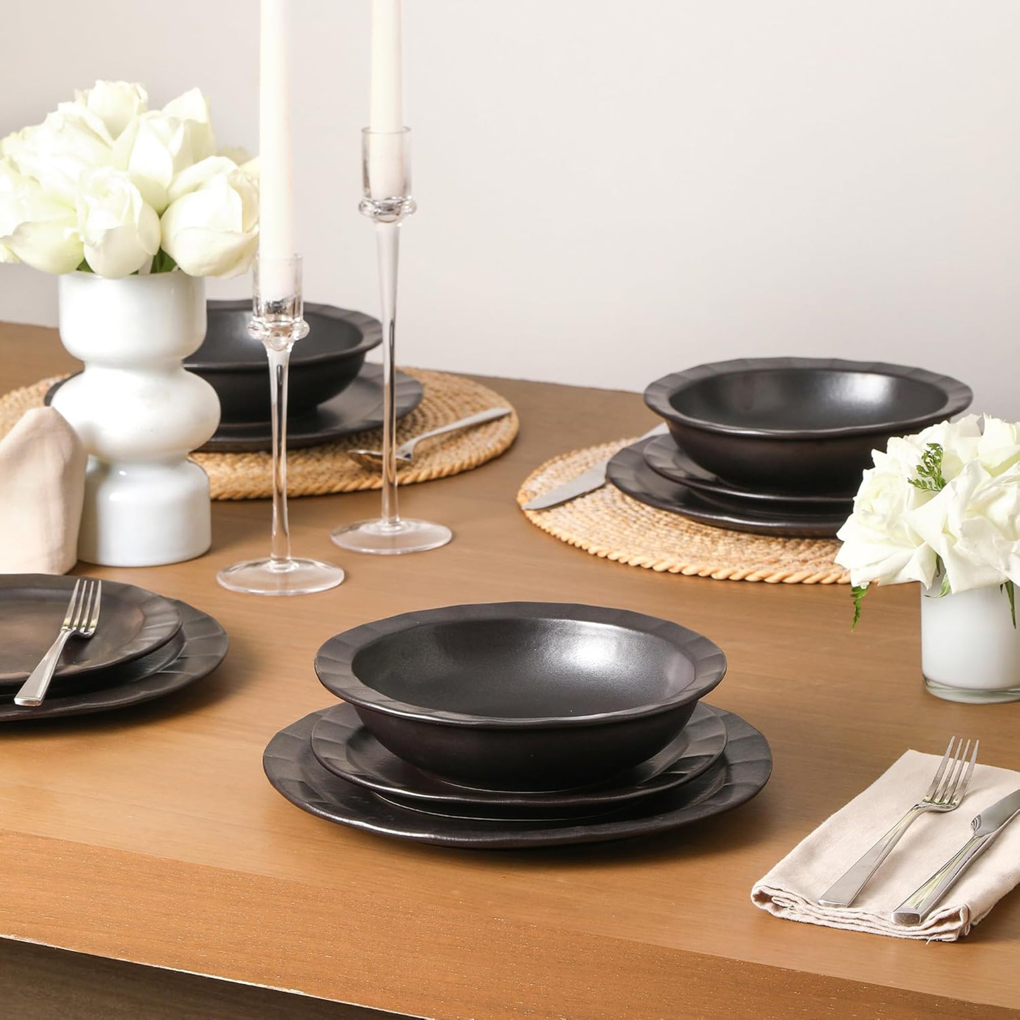 Stone Lain Oasis Stoneware 24 Piece Dinnerware Dish Set, Service for 8, Black - VMInnovations