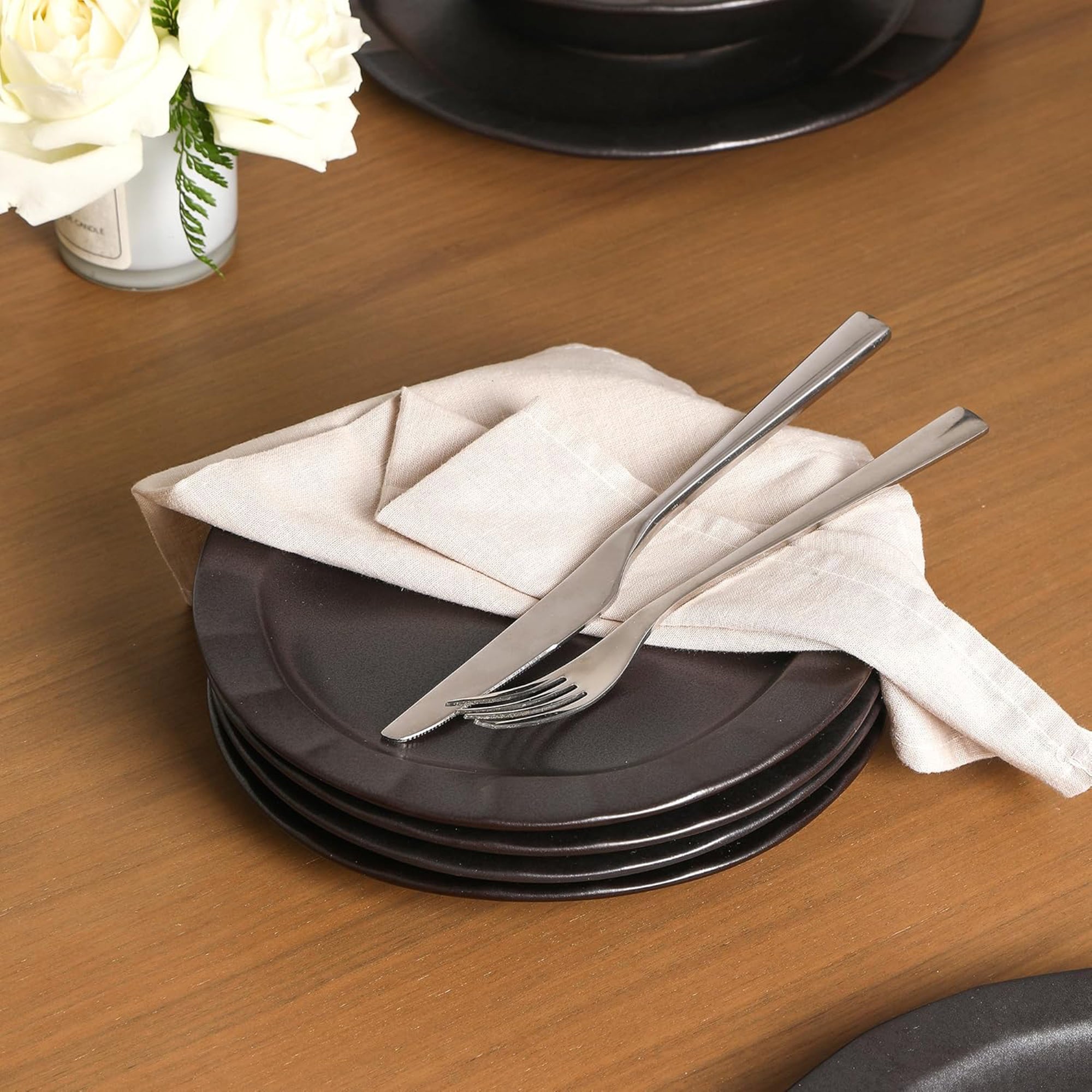 Stone Lain Oasis Stoneware 4 Piece Dinner Plate Dish Set - Serving Dishes, Black - VMInnovations