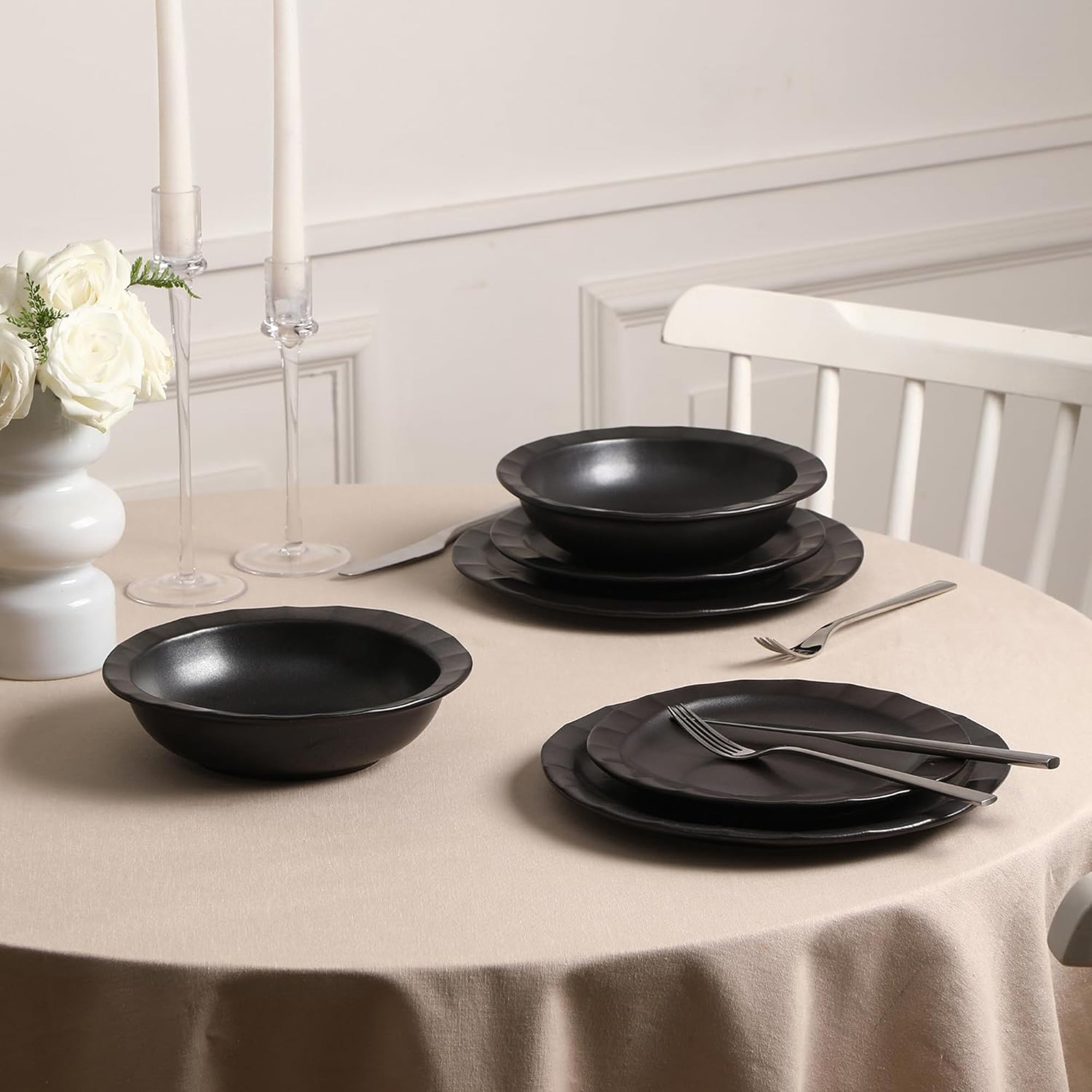 Stone Lain Oasis Stoneware 4 Piece Dinner Plate Dish Set - Serving Dishes, Black - VMInnovations