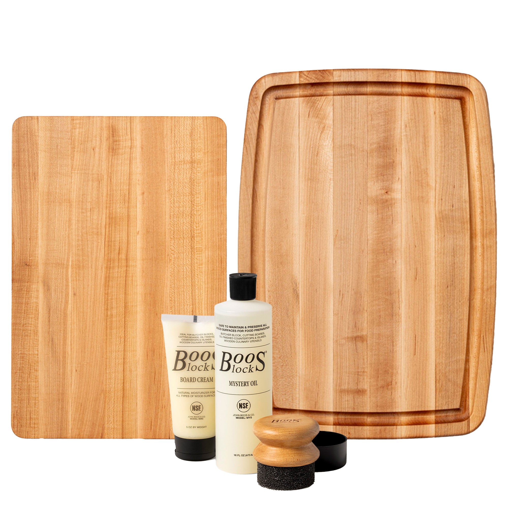 John Boos Maple 20" x 14" and 16" x 10" Carving Boards with 3 Piece Care Set - VMInnovations
