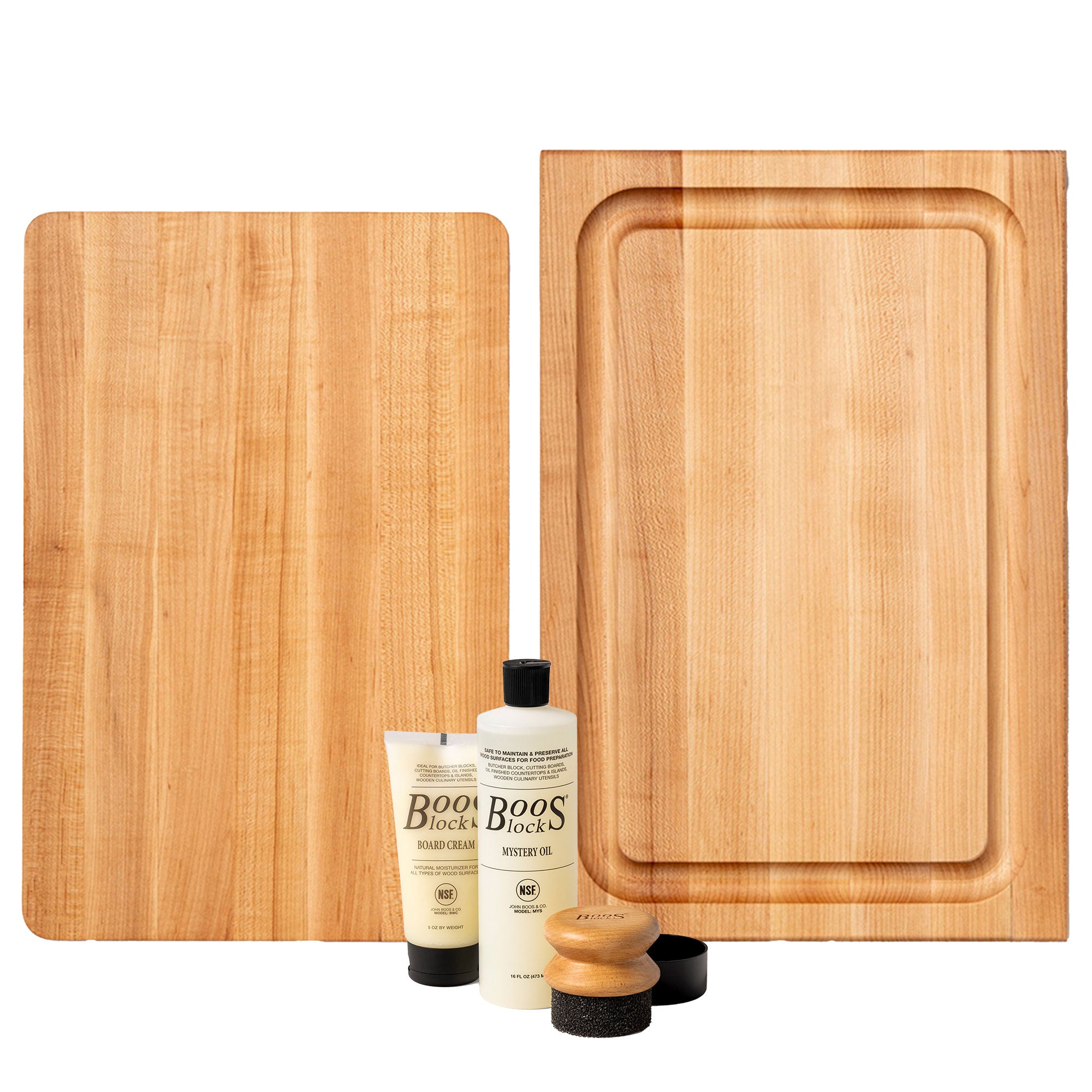 John Boos Maple 18" x 12" and 16" x 10" Carving Boards with 3 Piece Care Set - VMInnovations