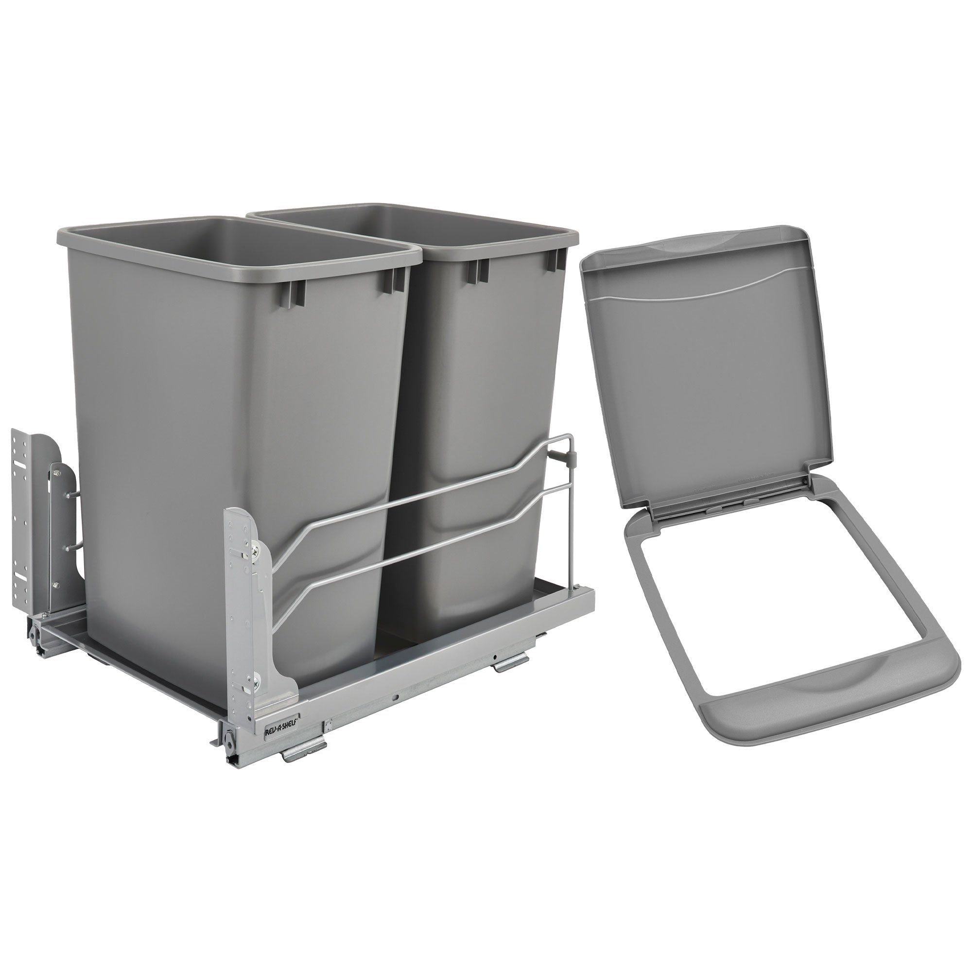 Rev-A-Shelf Double Pullout Trash Cans & Single Lid, 35 qt. w/ Soft-close, Silver - VMInnovations