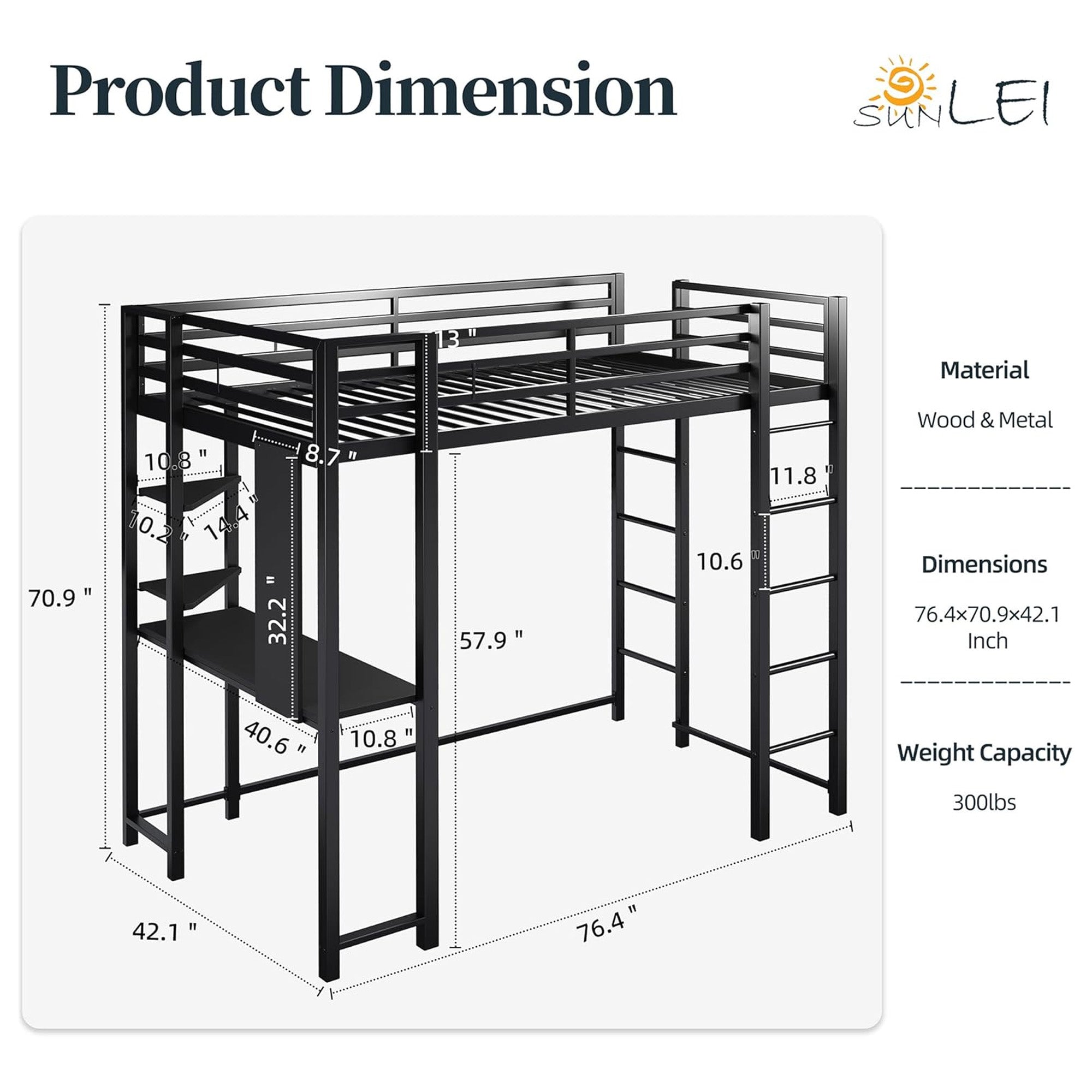 SUNLEI Twin Loft Bed w/Desk & 2 Built-in Drawers, Metal Bed Frame, Black(Used) - VMInnovations