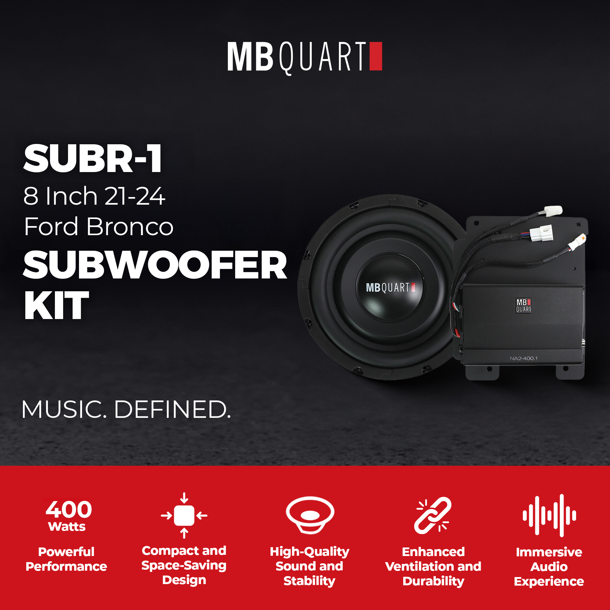MB Quart 8" Subwoofer Upgrade for 21-24 Ford Bronco, Tuned Audio Package, 400W - VMInnovations